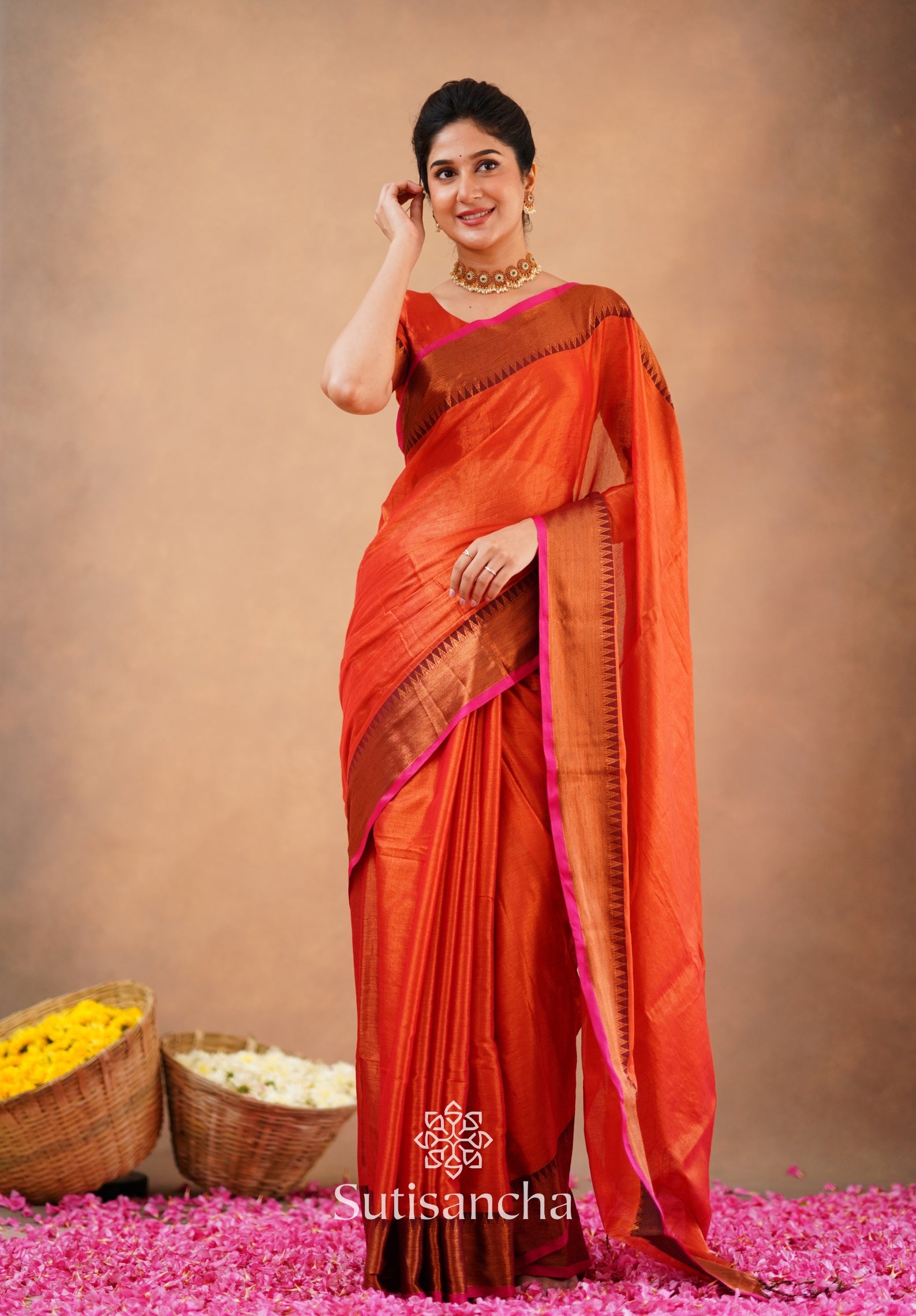 Sutisancha Orange Handloom Tissue Saree