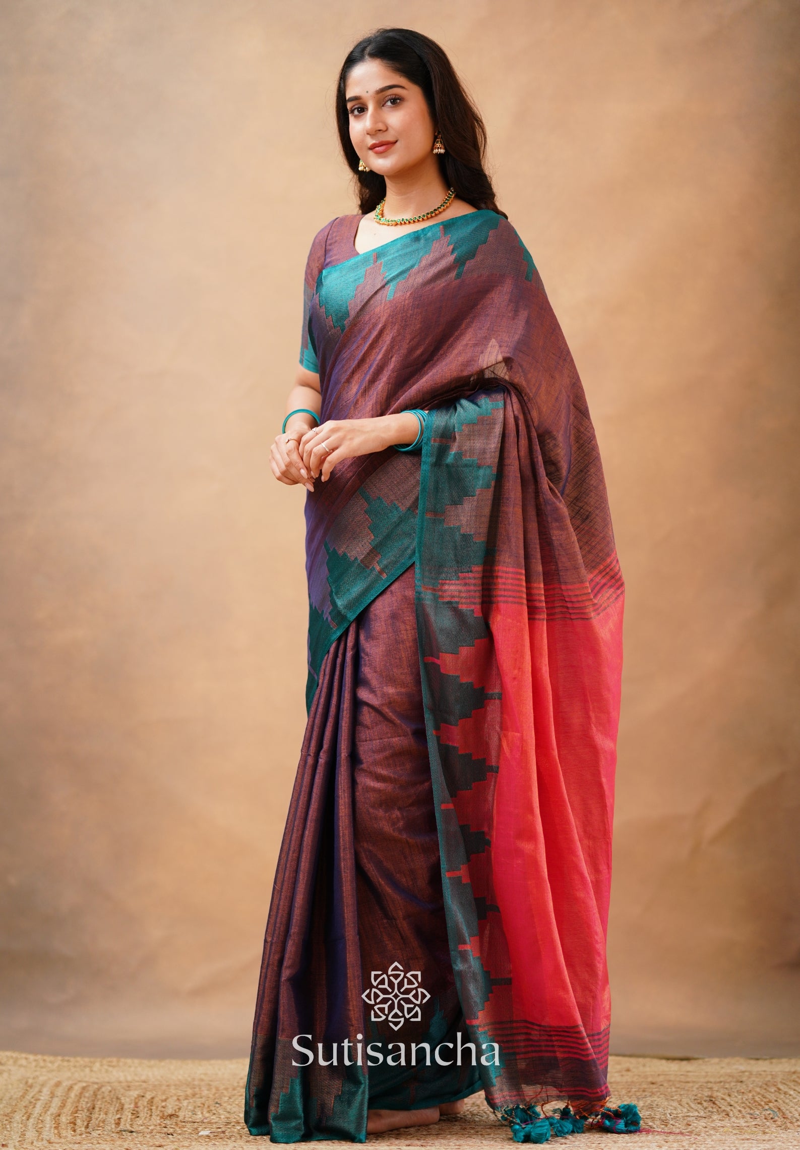 Tissue Cotton Handloom Saree with Artisanal Stepped Border