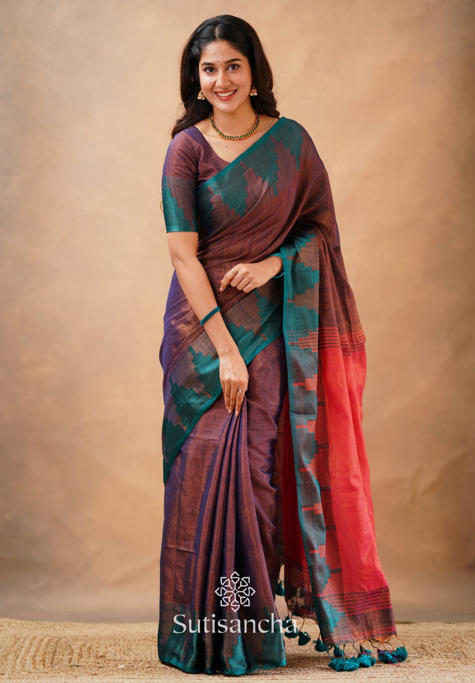 Tissue Cotton Handloom Saree with Artisanal Stepped Border