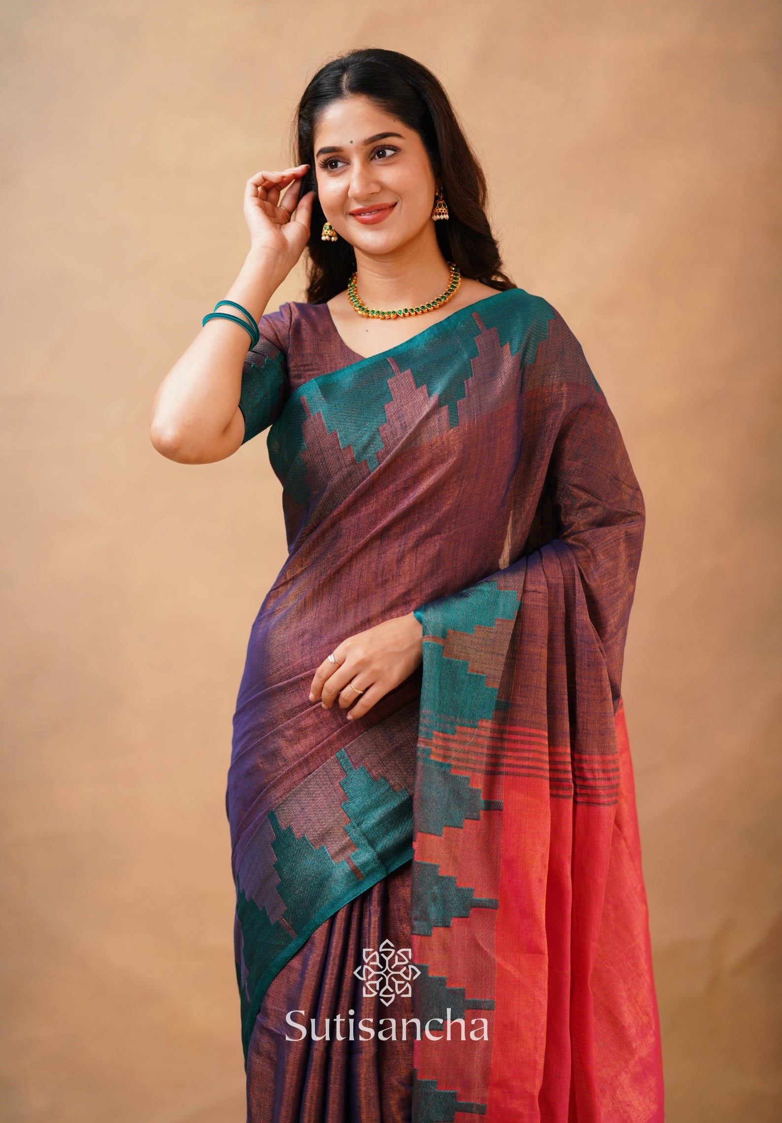 Tissue Cotton Handloom Saree with Artisanal Stepped Border