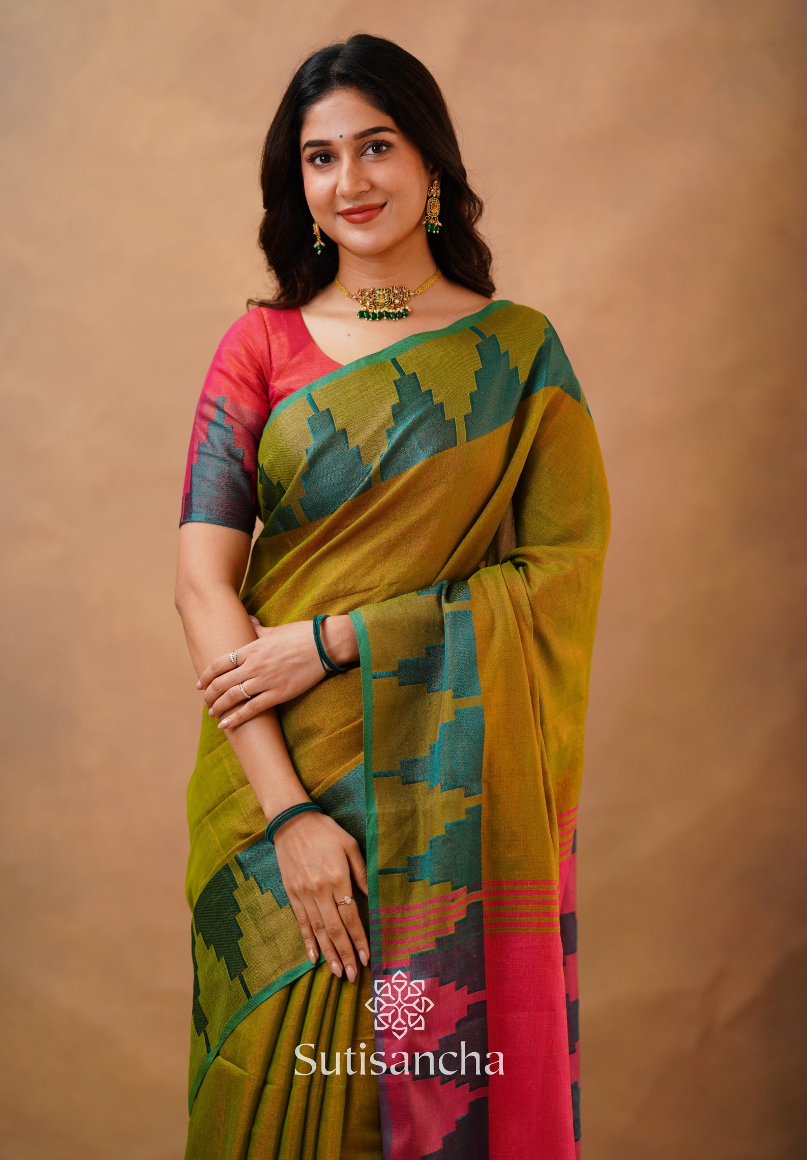 Tissue Cotton Handloom Saree with Artisanal Stepped Border