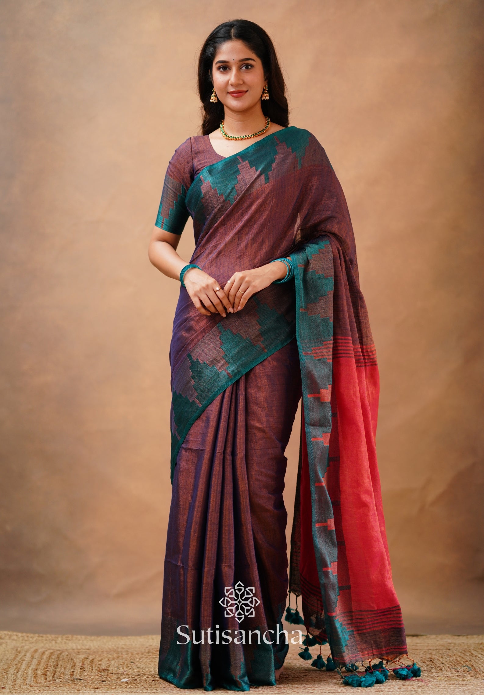 Tissue Cotton Handloom Saree with Artisanal Stepped Border