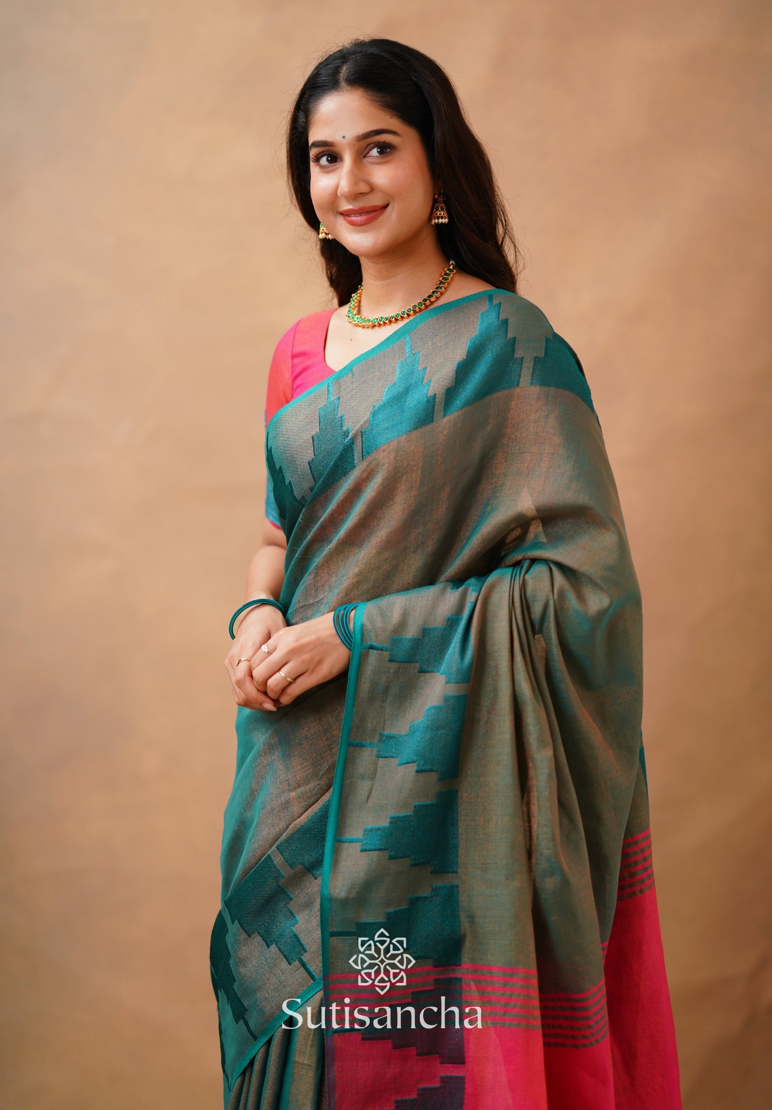 Tissue Cotton Handloom Saree with Artisanal Stepped Border