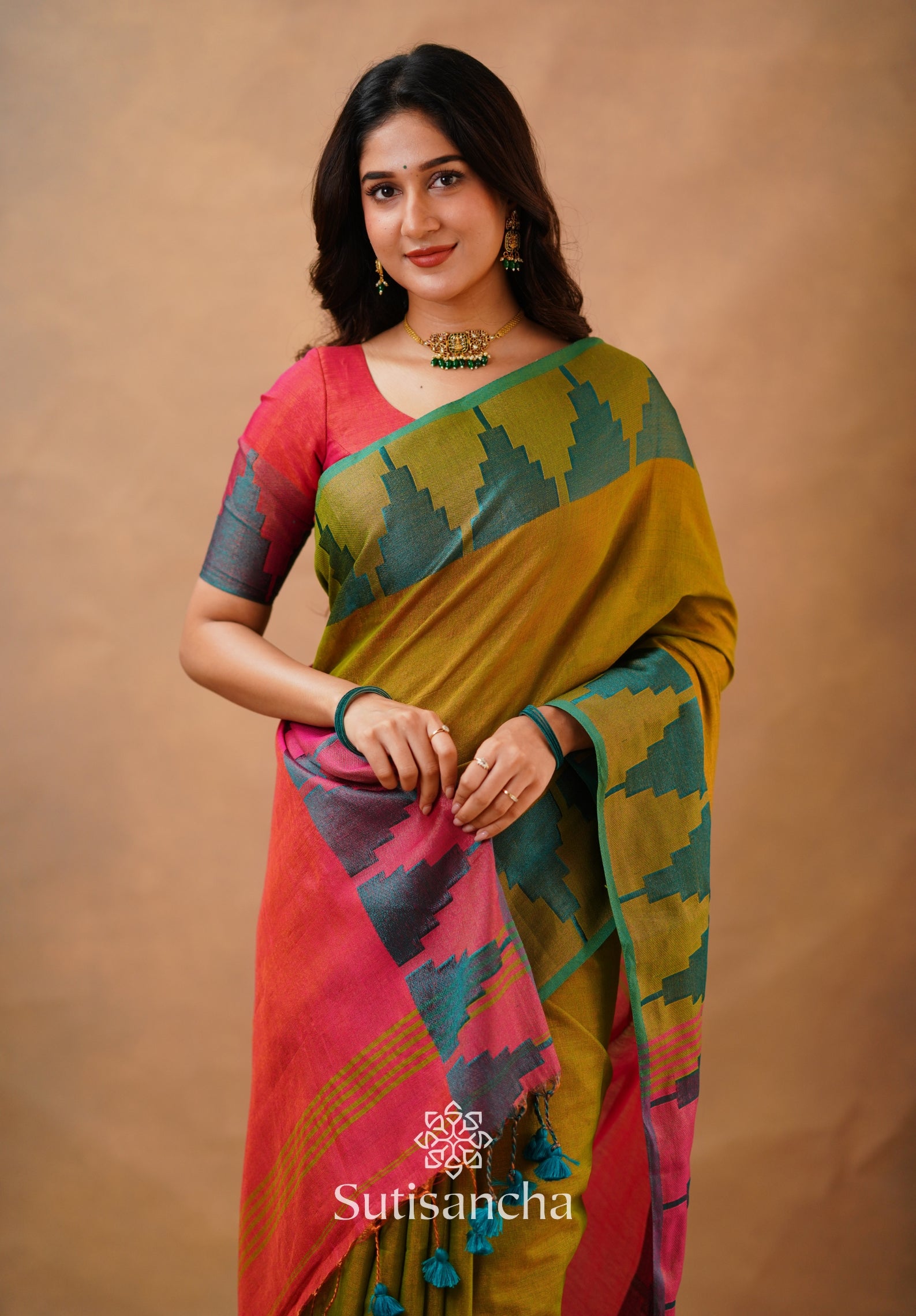 Tissue Cotton Handloom Saree with Artisanal Stepped Border