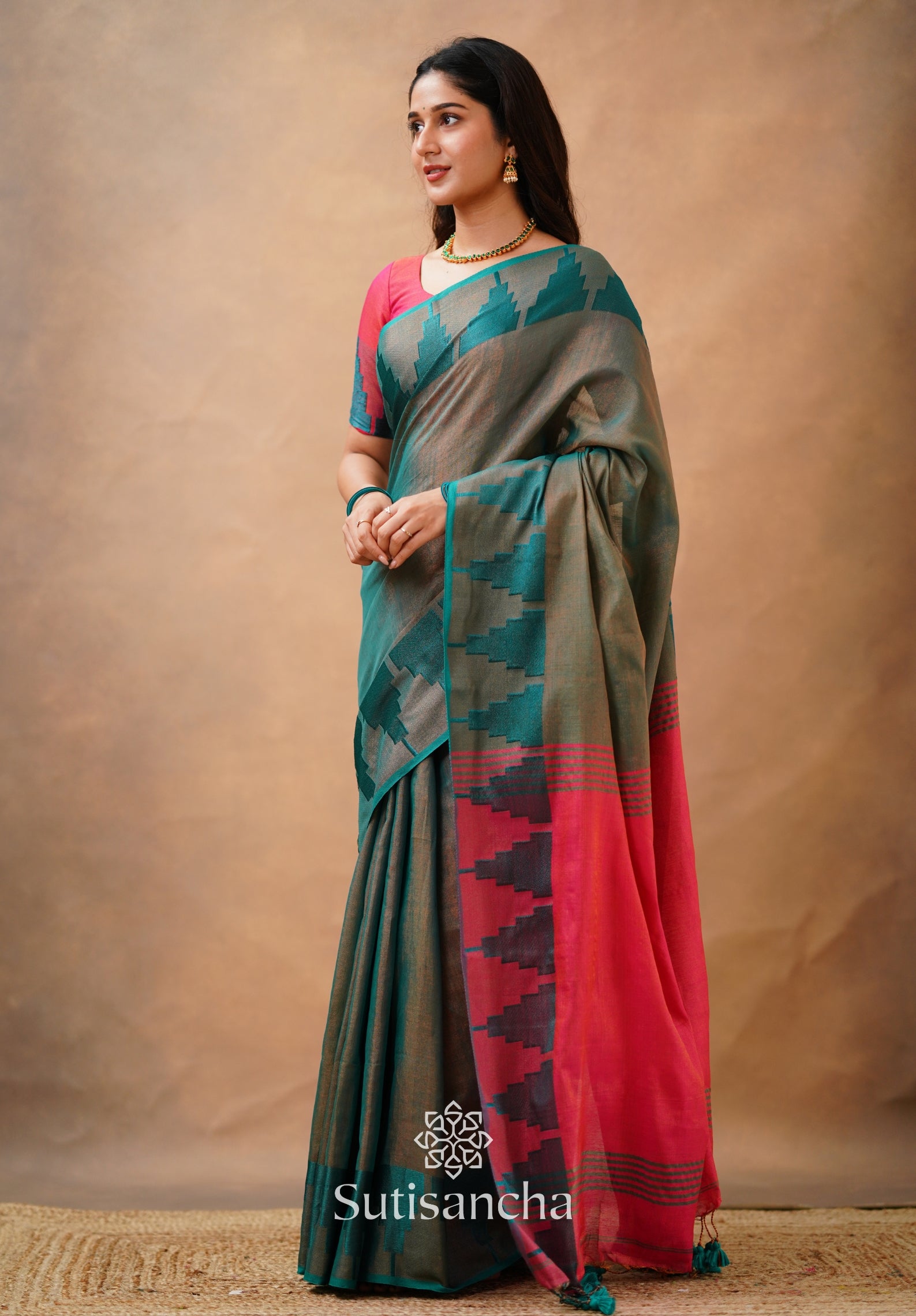 Tissue Cotton Handloom Saree with Artisanal Stepped Border