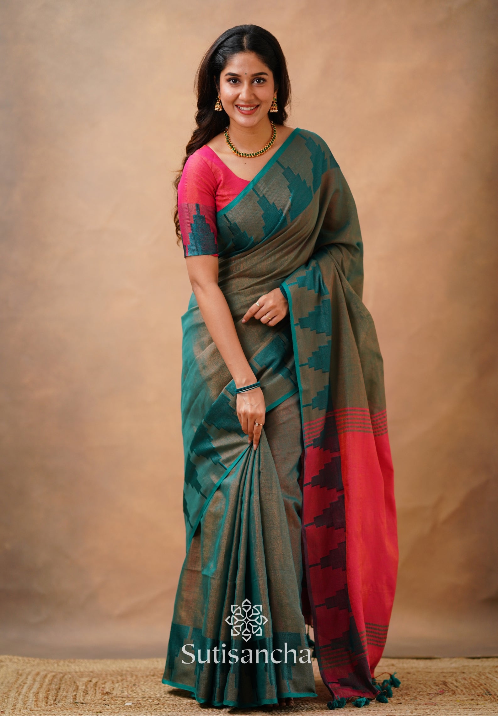 Tissue Cotton Handloom Saree with Artisanal Stepped Border