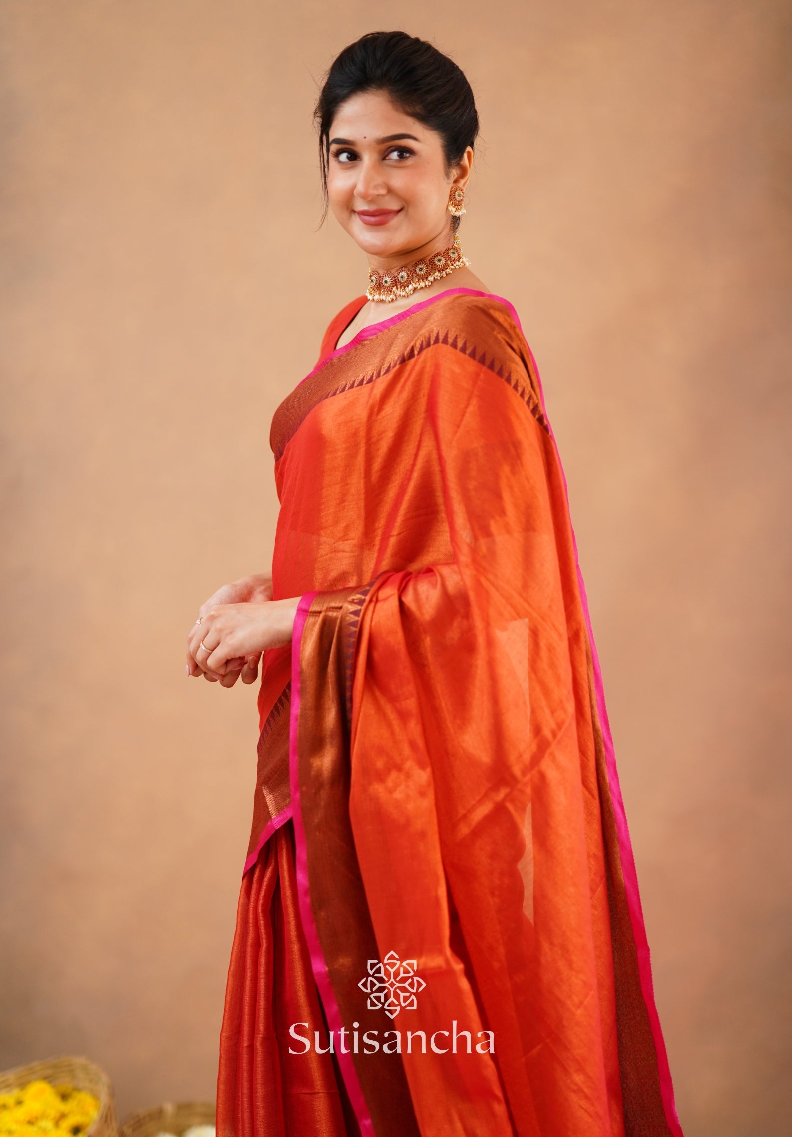 Sutisancha Orange Handloom Tissue Saree