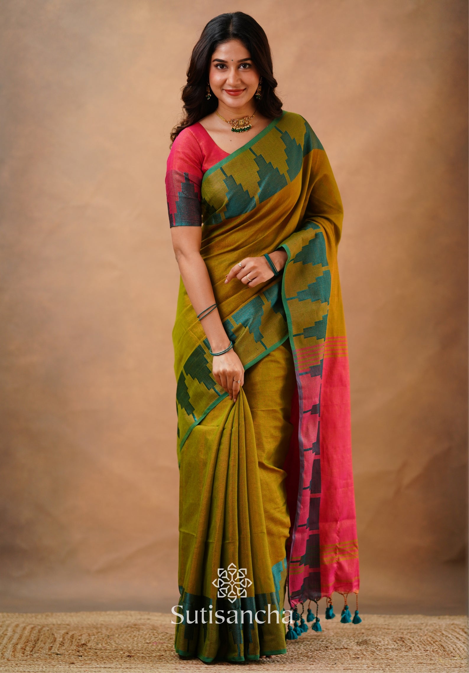 Tissue Cotton Handloom Saree with Artisanal Stepped Border