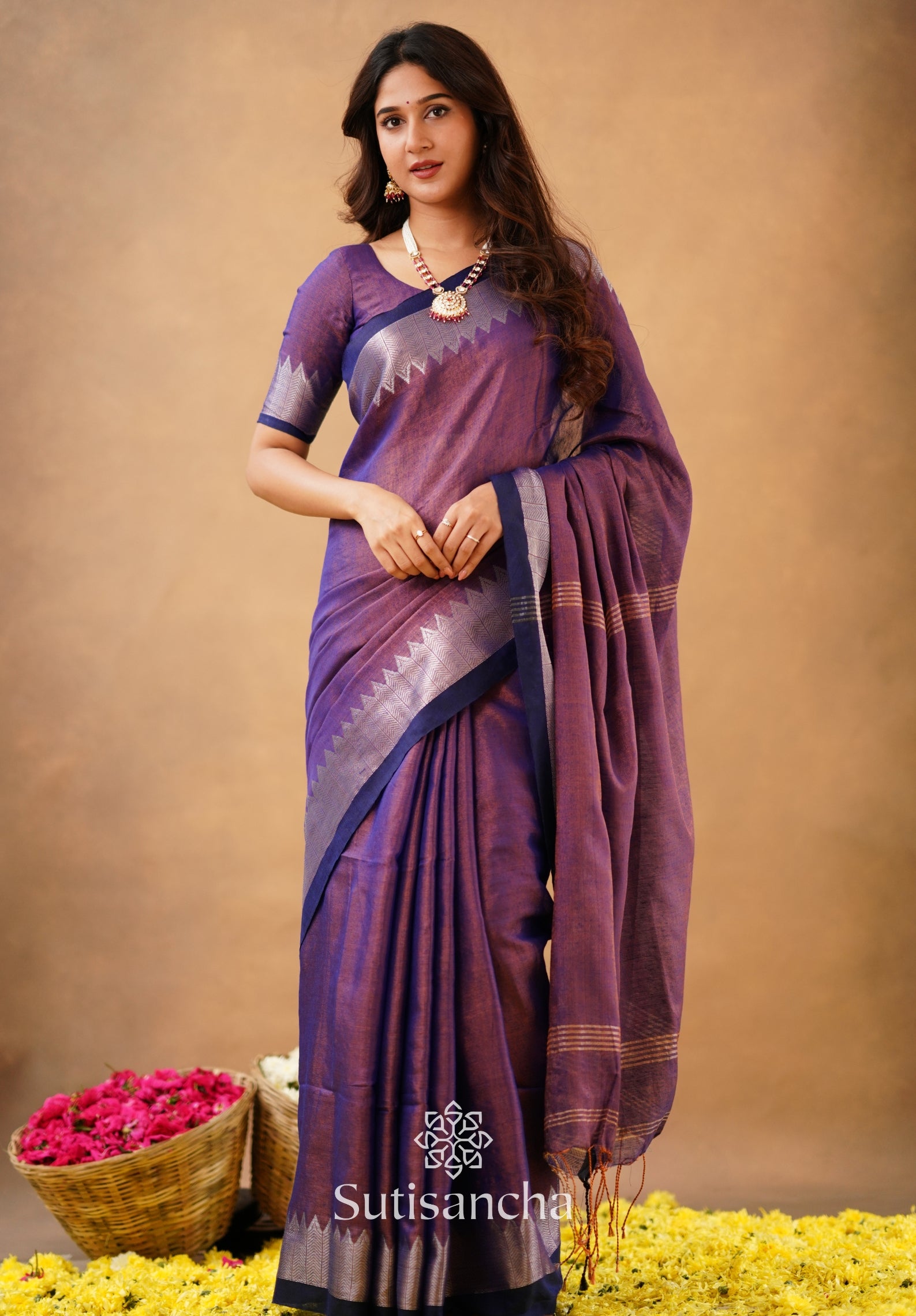 Sutisancha Purple Handloom Designer Tissue Saree