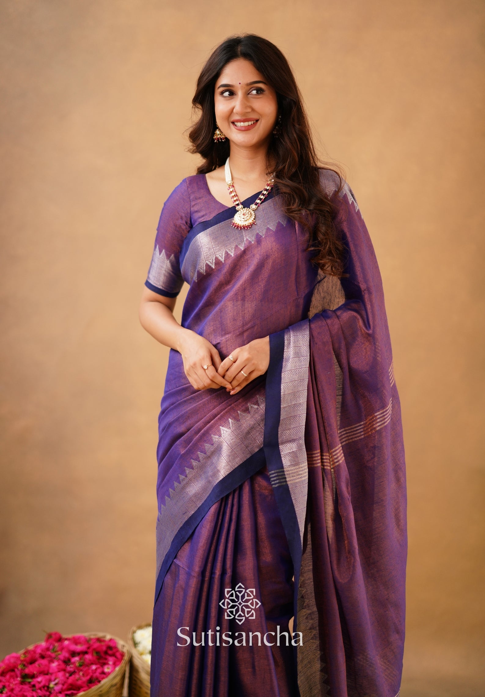 Sutisancha Purple Handloom Designer Tissue Saree