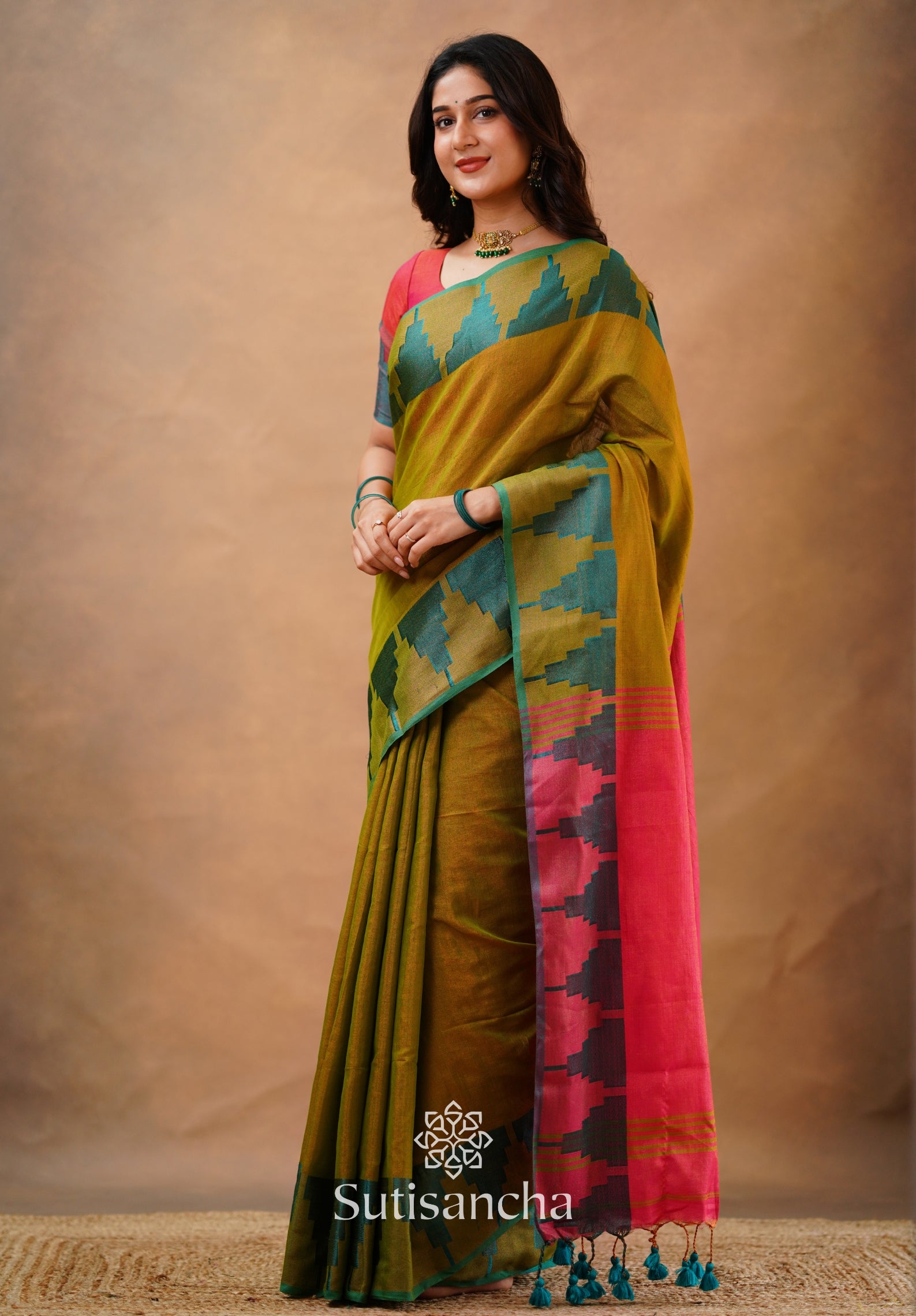 Tissue Cotton Handloom Saree with Artisanal Stepped Border