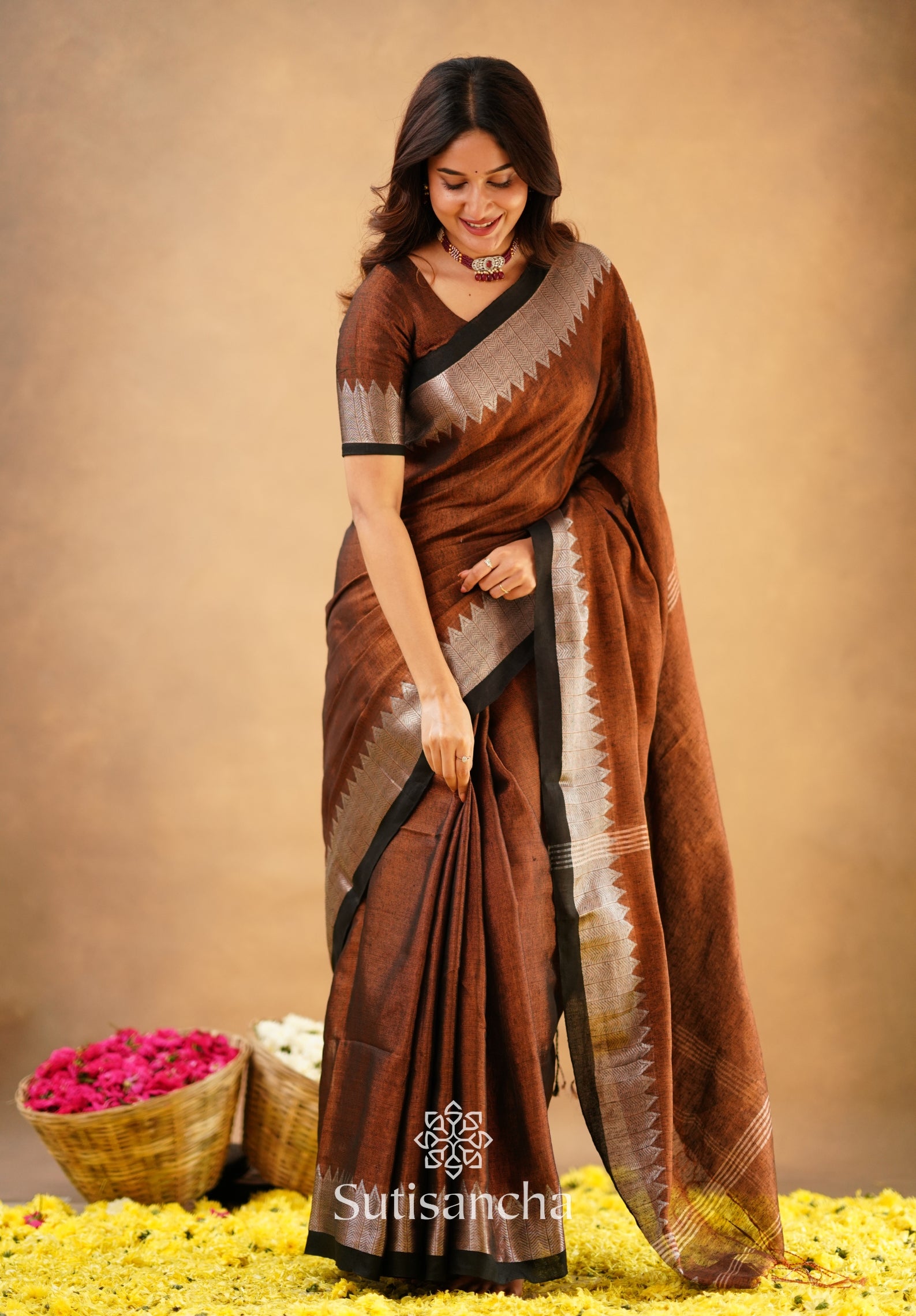 Sutisancha Copper Handloom Designer Tissue Saree