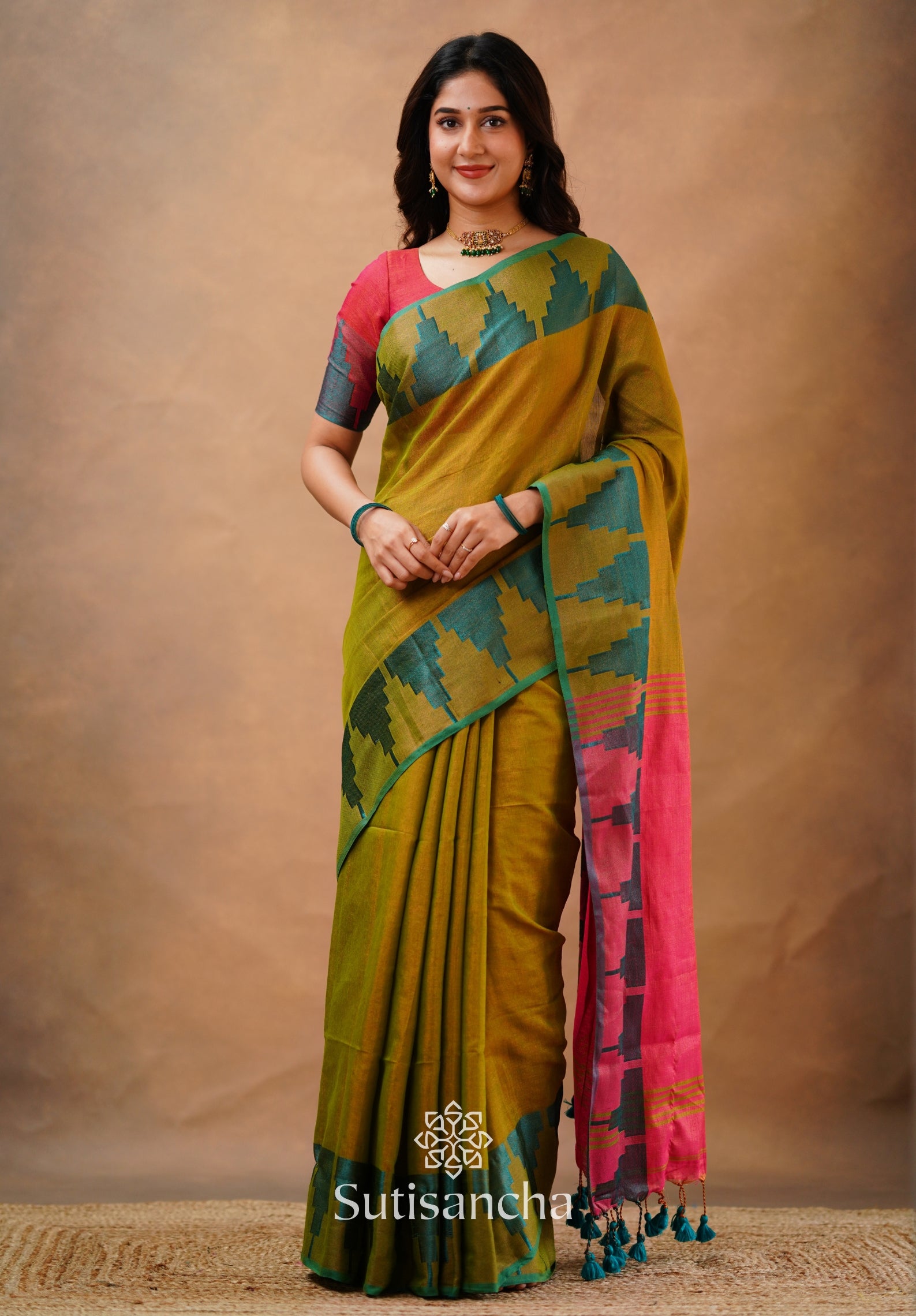 Tissue Cotton Handloom Saree with Artisanal Stepped Border