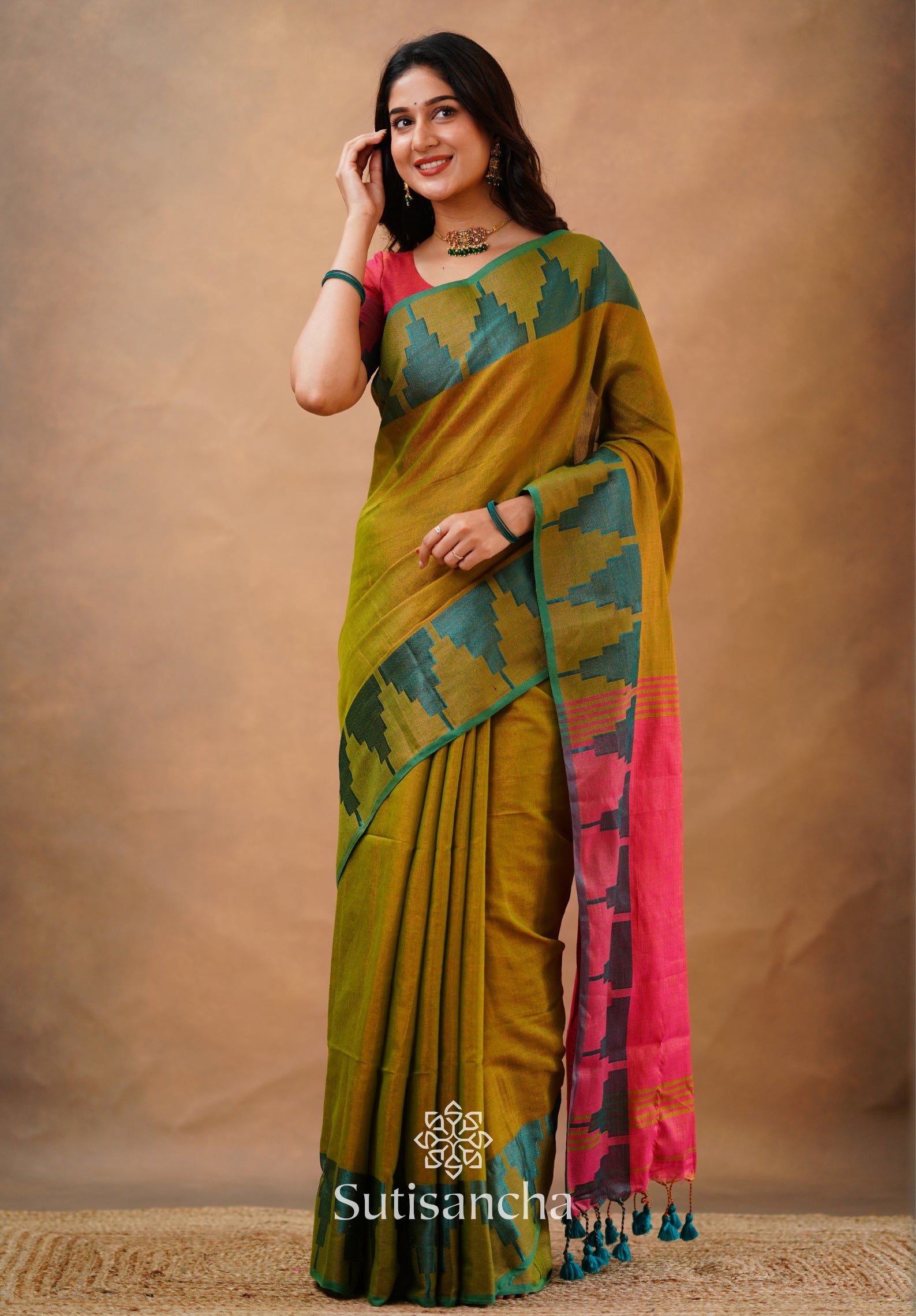 Tissue Cotton Handloom Saree with Artisanal Stepped Border