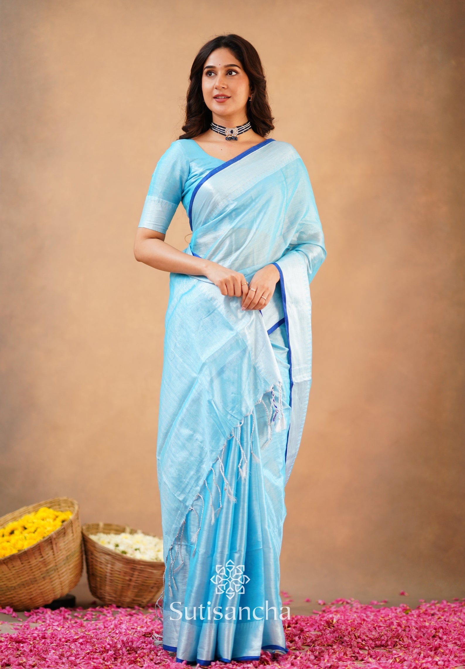 Sutisancha Aqua Blue Handloom Tissue Saree