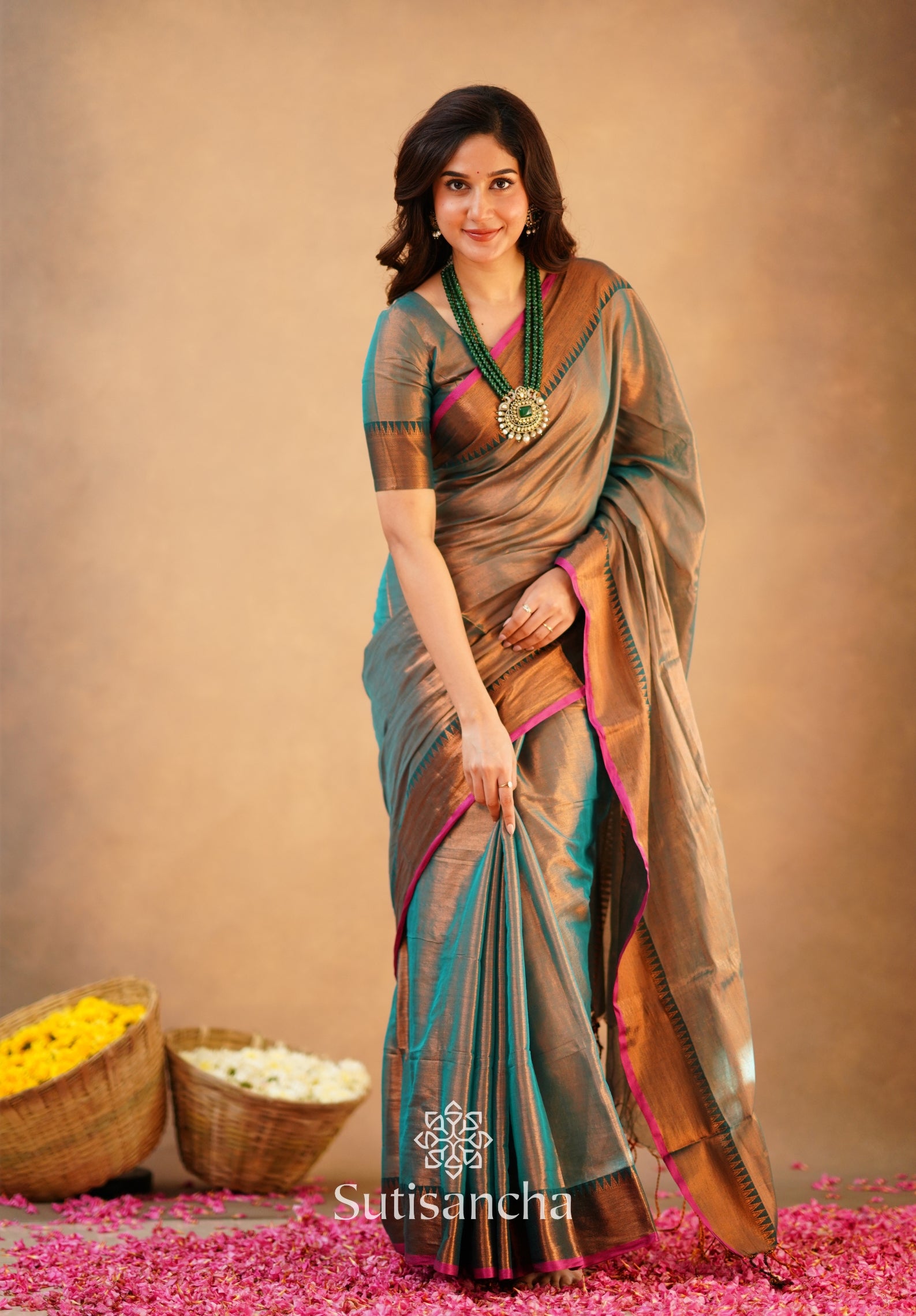 Sutisancha Rama Green Handloom Tissue Saree