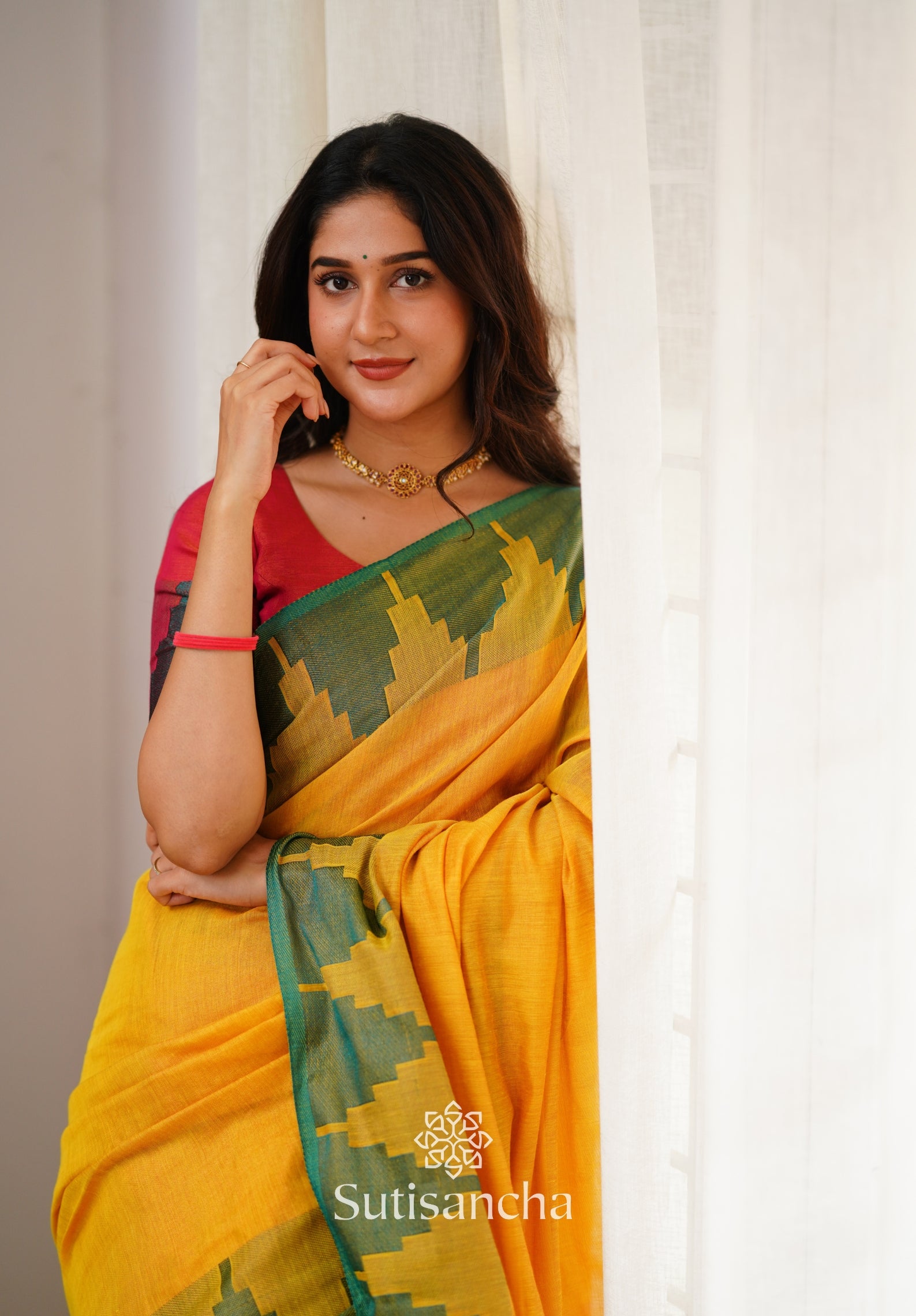 Tissue Cotton Handloom Saree with Artisanal Stepped Border