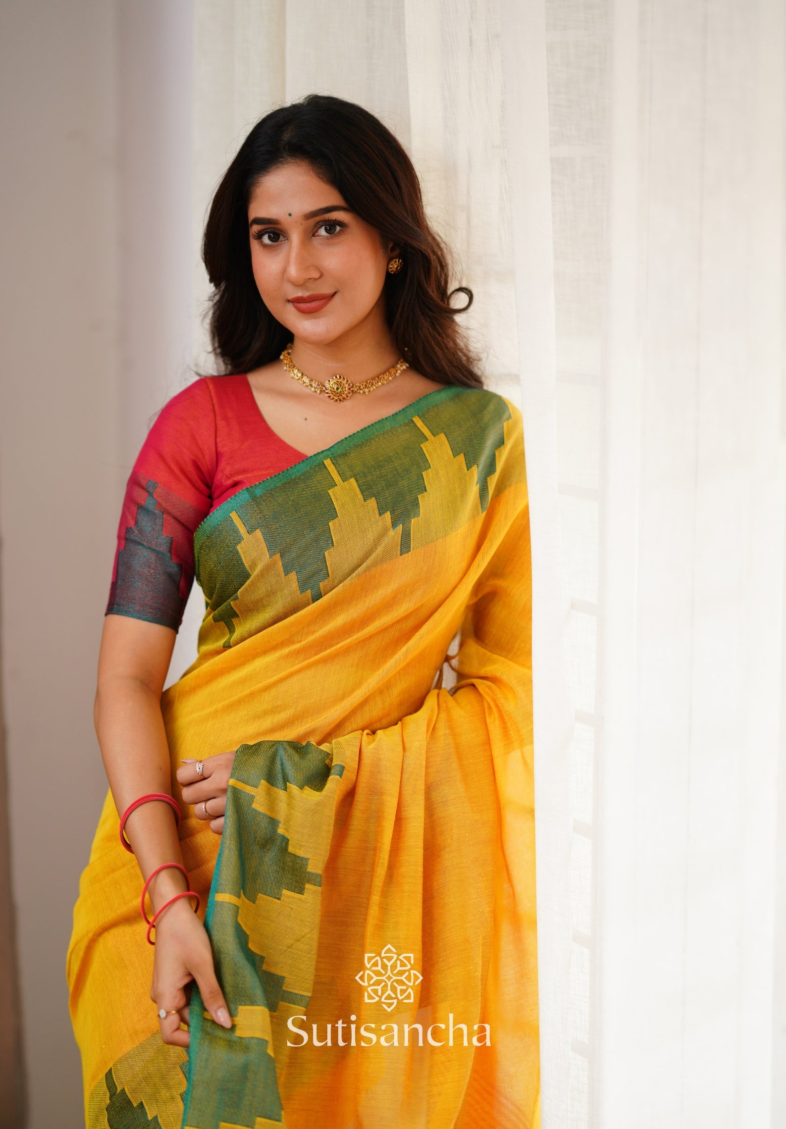 Tissue Cotton Handloom Saree with Artisanal Stepped Border