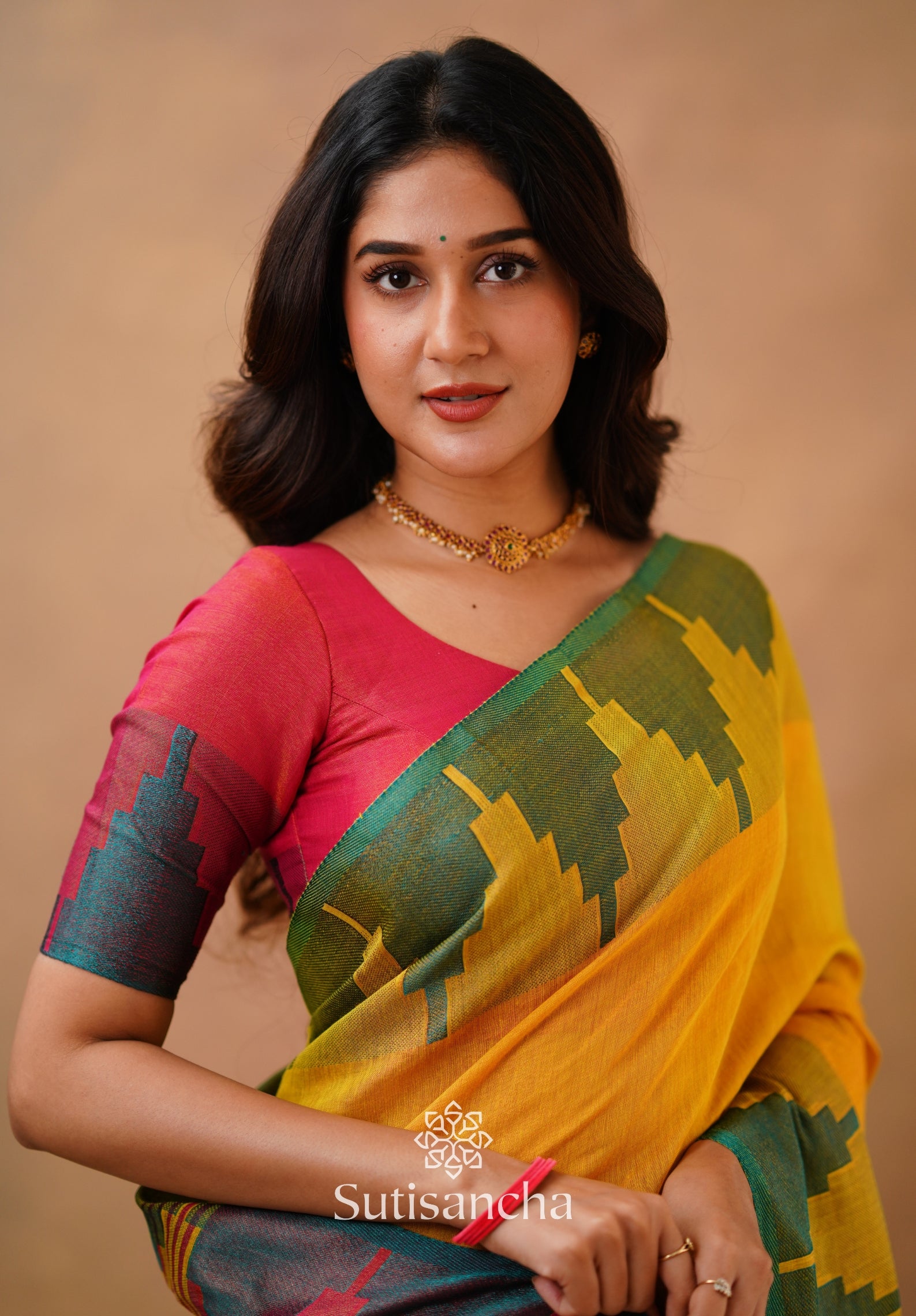 Tissue Cotton Handloom Saree with Artisanal Stepped Border