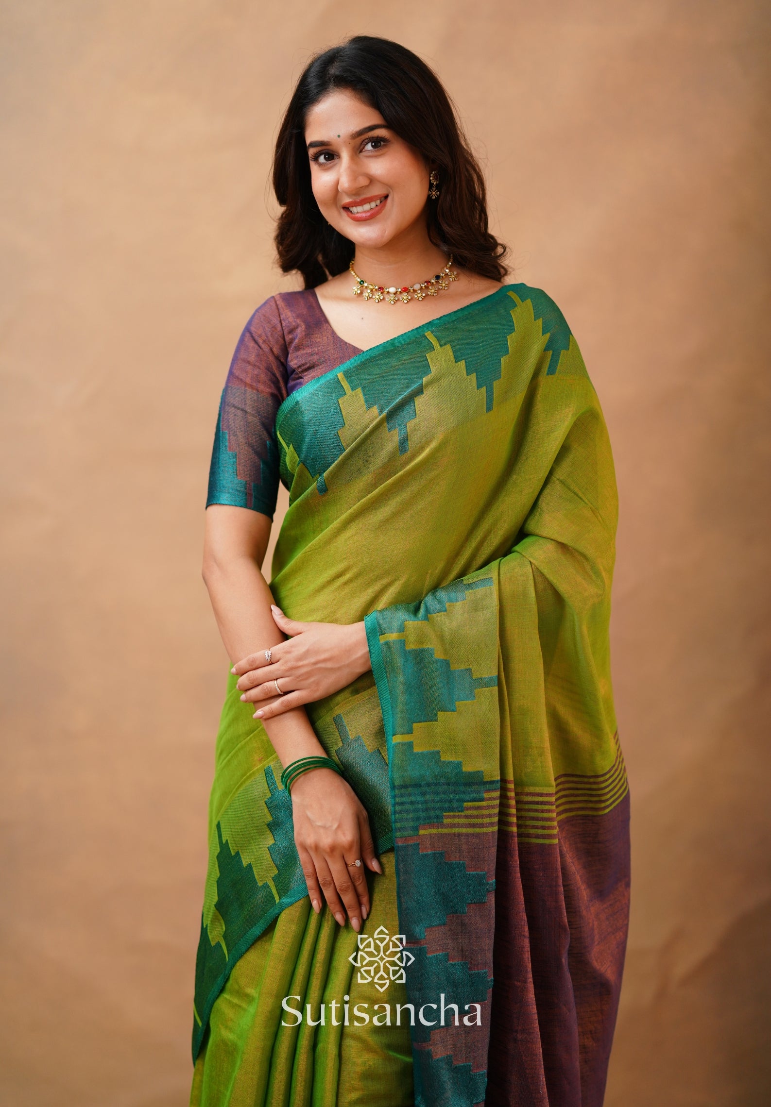 Tissue Cotton Handloom Saree with Artisanal Stepped Border