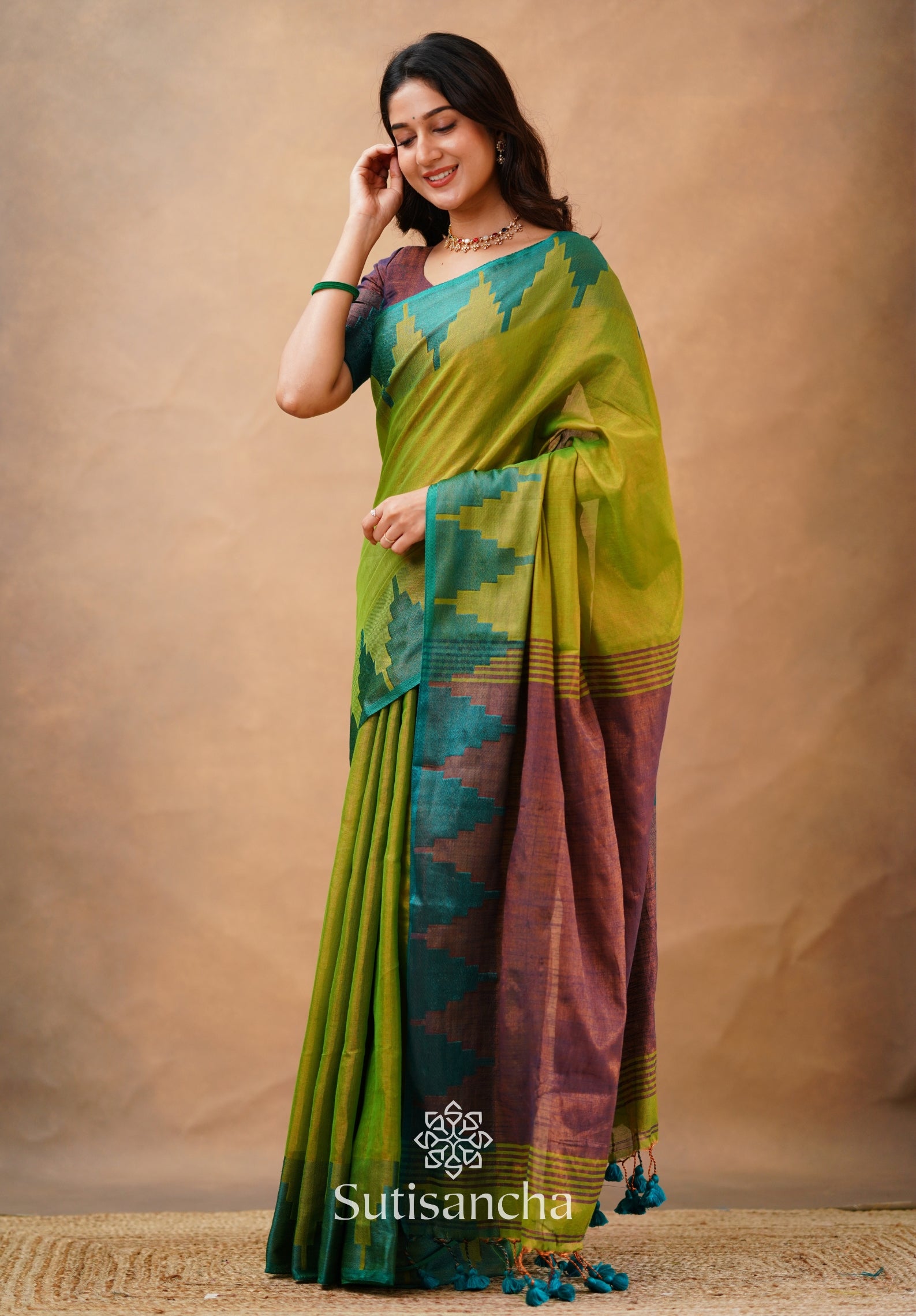 Tissue Cotton Handloom Saree with Artisanal Stepped Border