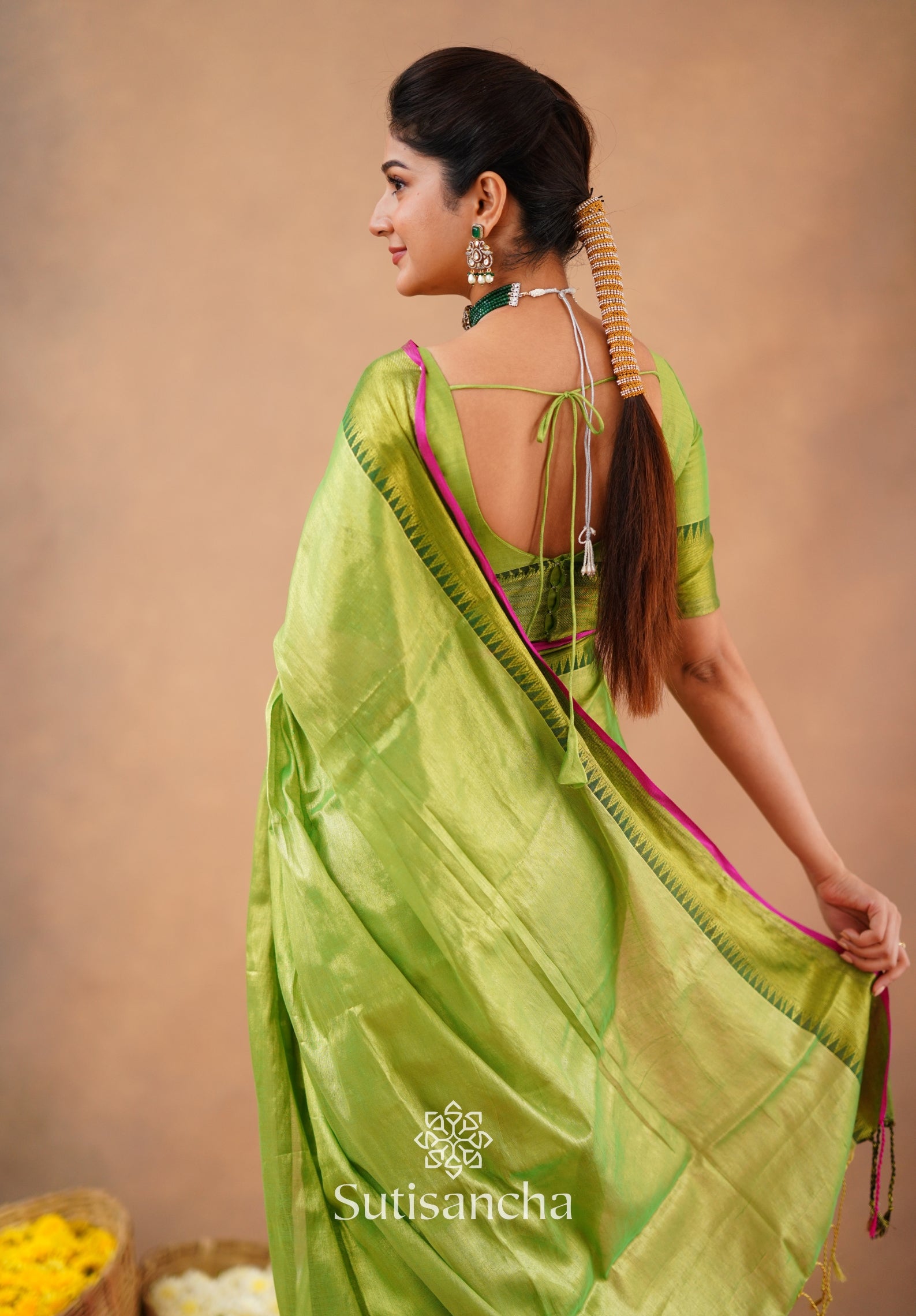 Sutisancha Parrot Handloom Tissue Saree