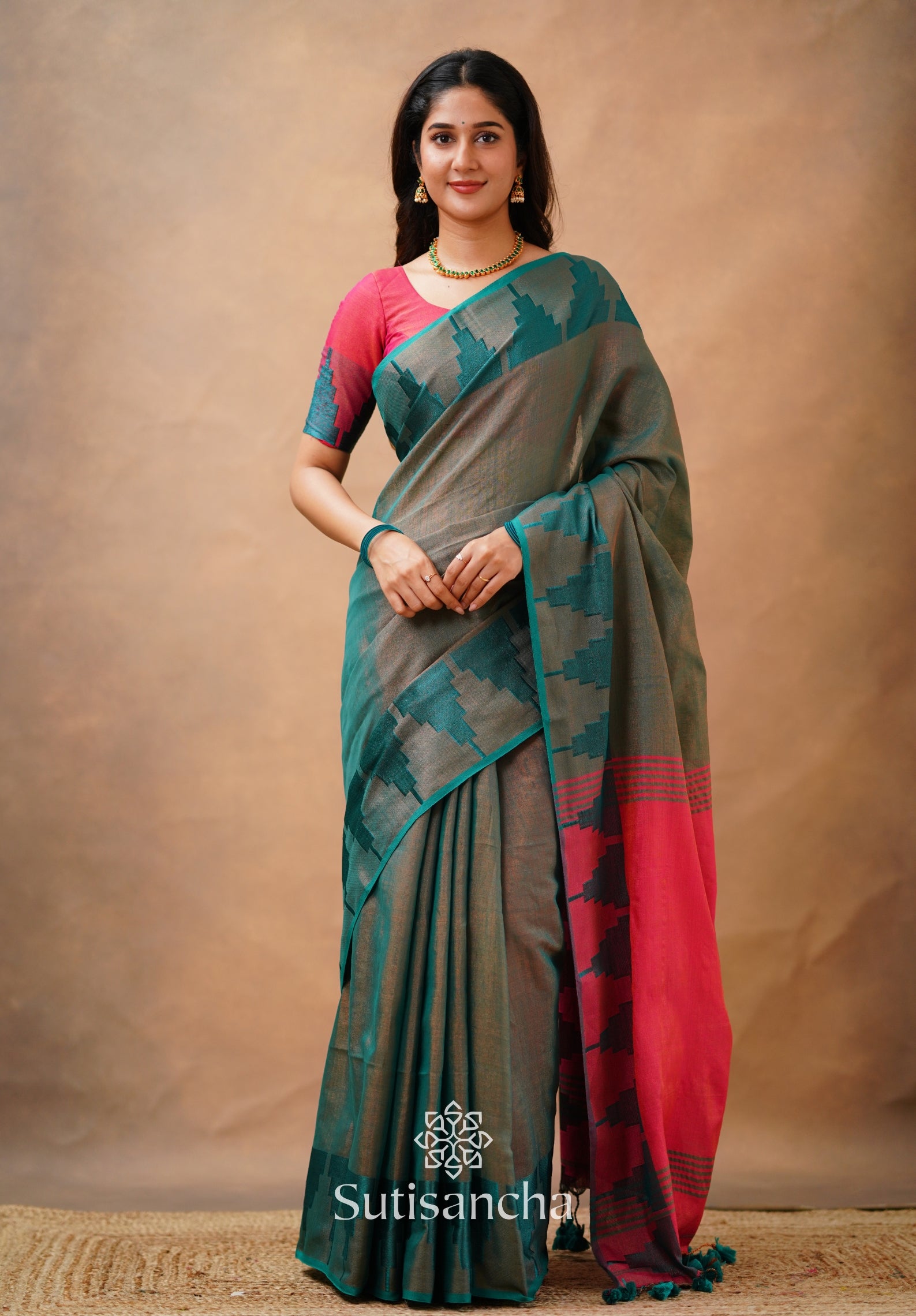 Tissue Cotton Handloom Saree with Artisanal Stepped Border