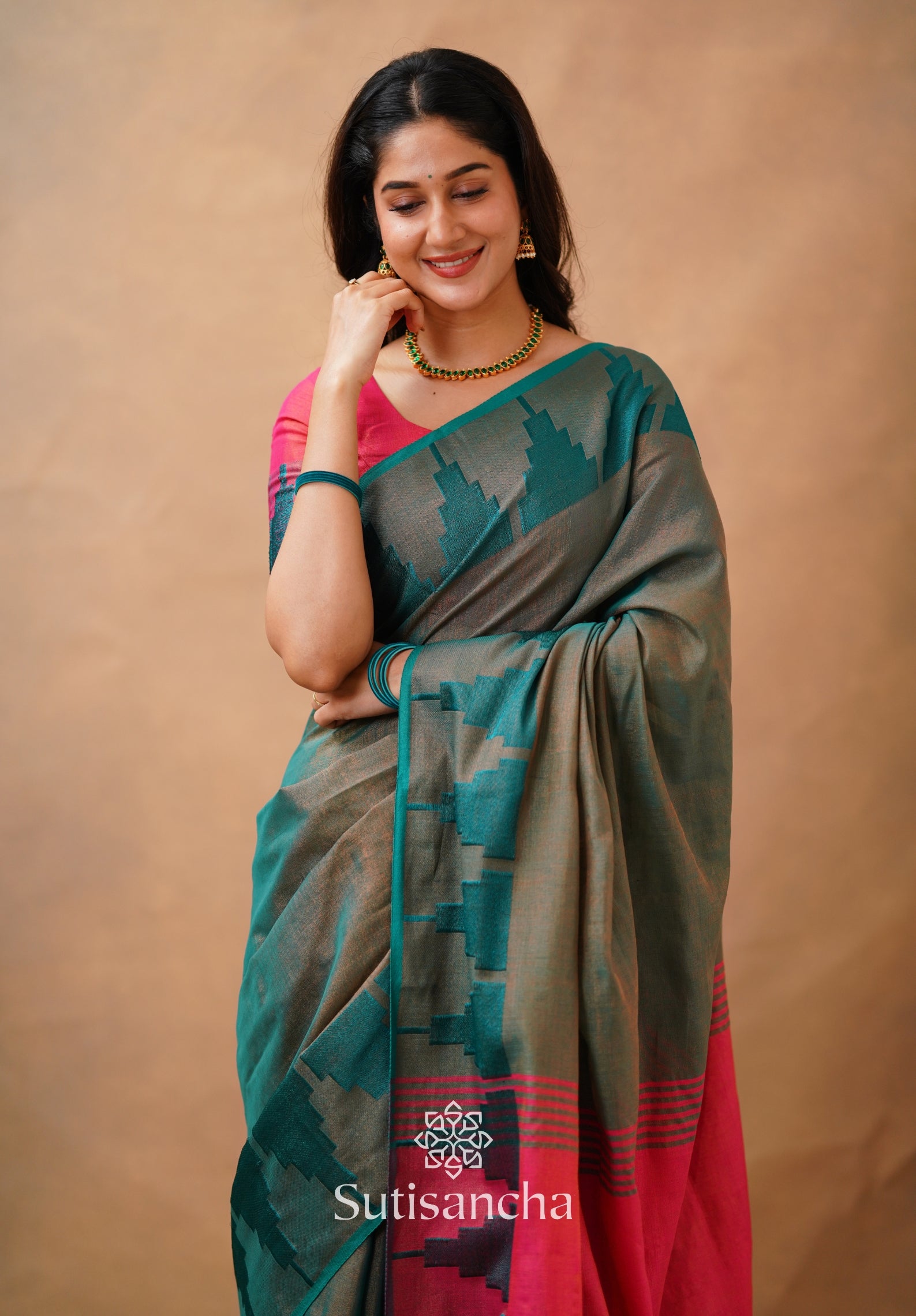 Tissue Cotton Handloom Saree with Artisanal Stepped Border