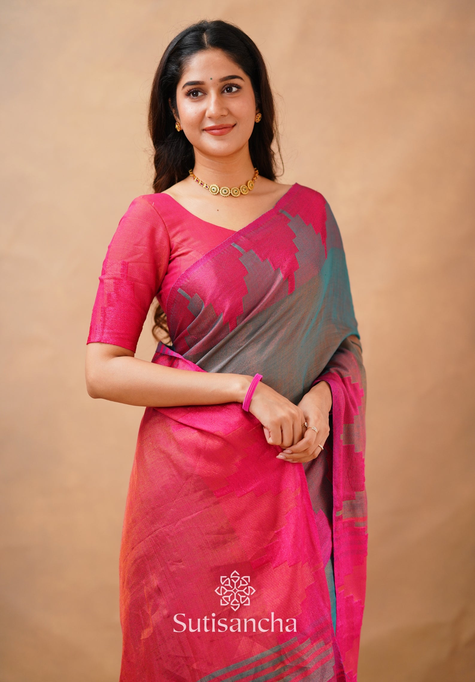 Tissue Cotton Handloom Saree with Artisanal Stepped Border