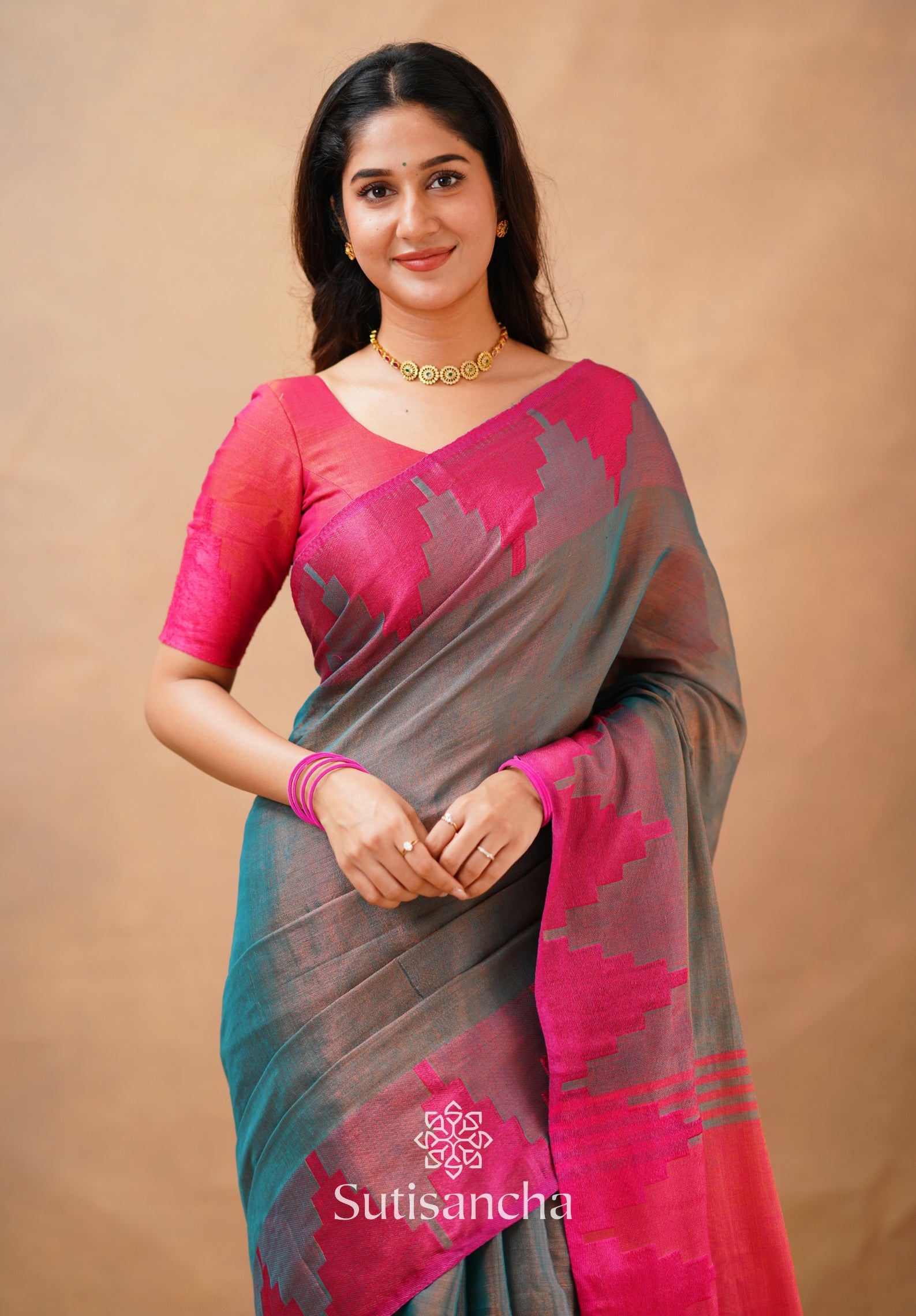 Tissue Cotton Handloom Saree with Artisanal Stepped Border