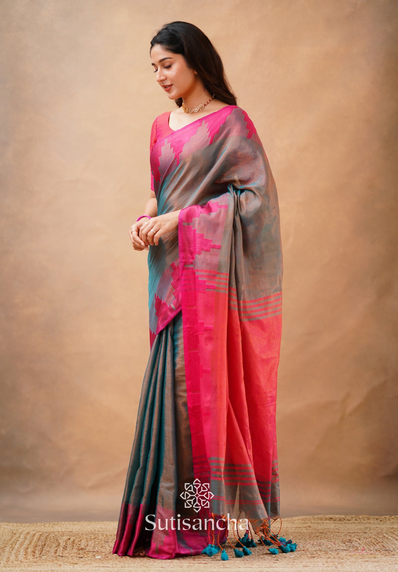 Tissue Cotton Handloom Saree with Artisanal Stepped Border