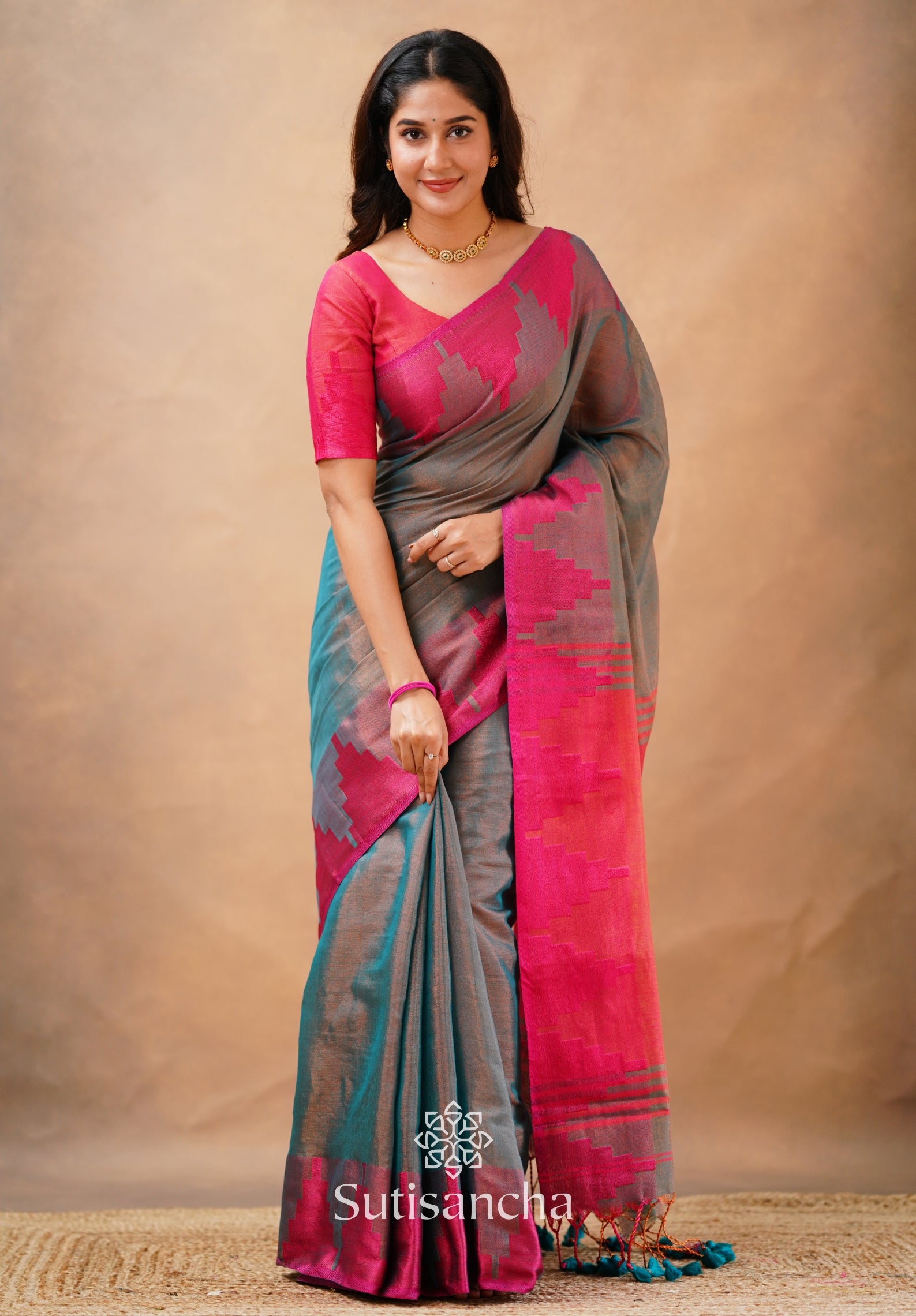 Tissue Cotton Handloom Saree with Artisanal Stepped Border