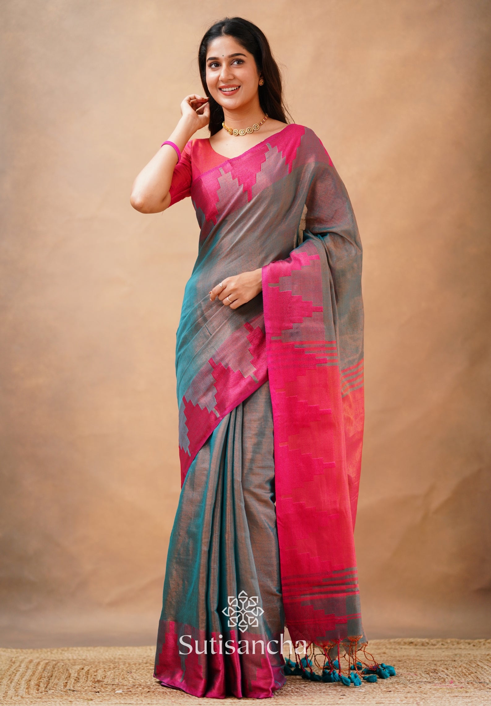 Tissue Cotton Handloom Saree with Artisanal Stepped Border