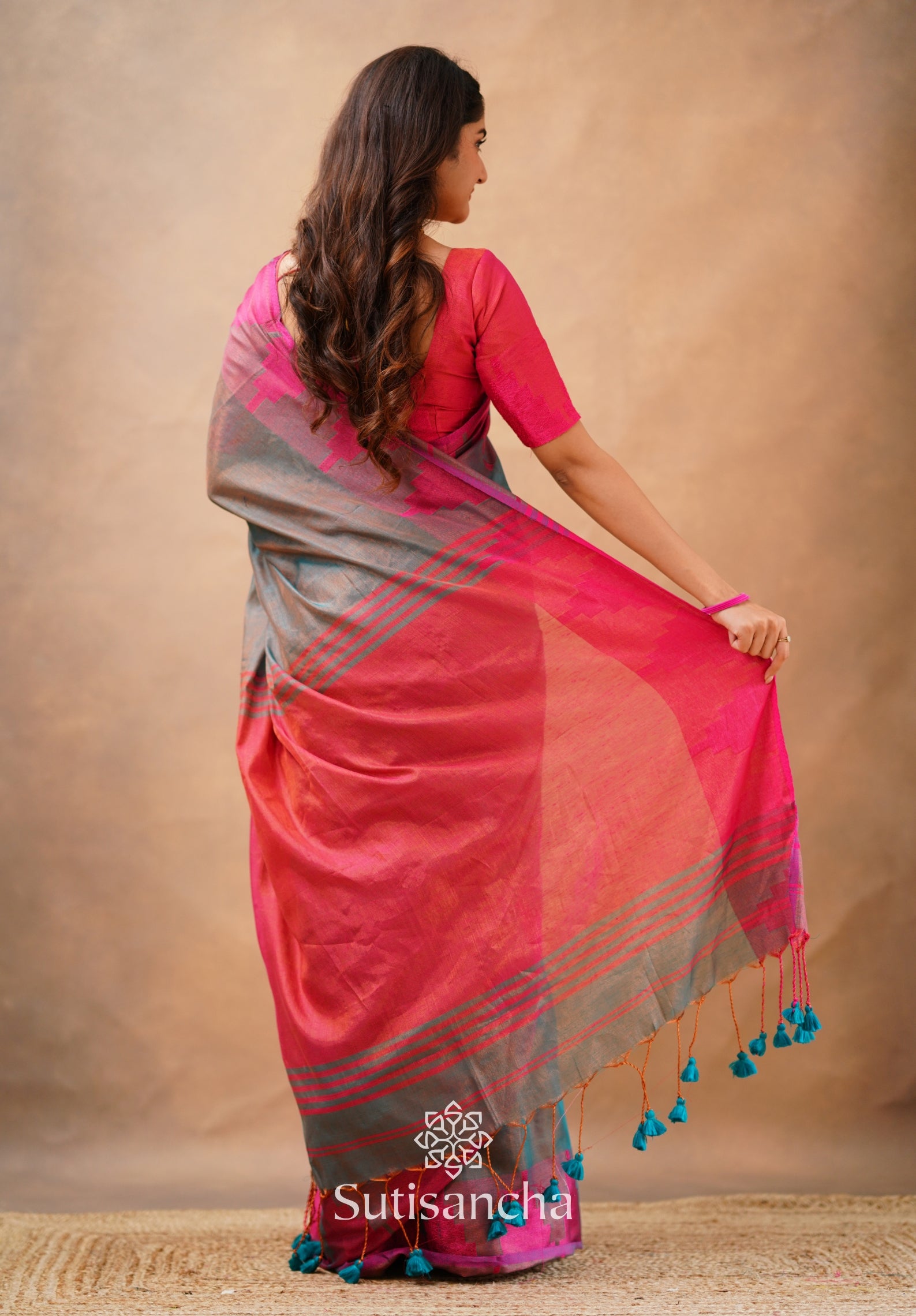 Tissue Cotton Handloom Saree with Artisanal Stepped Border