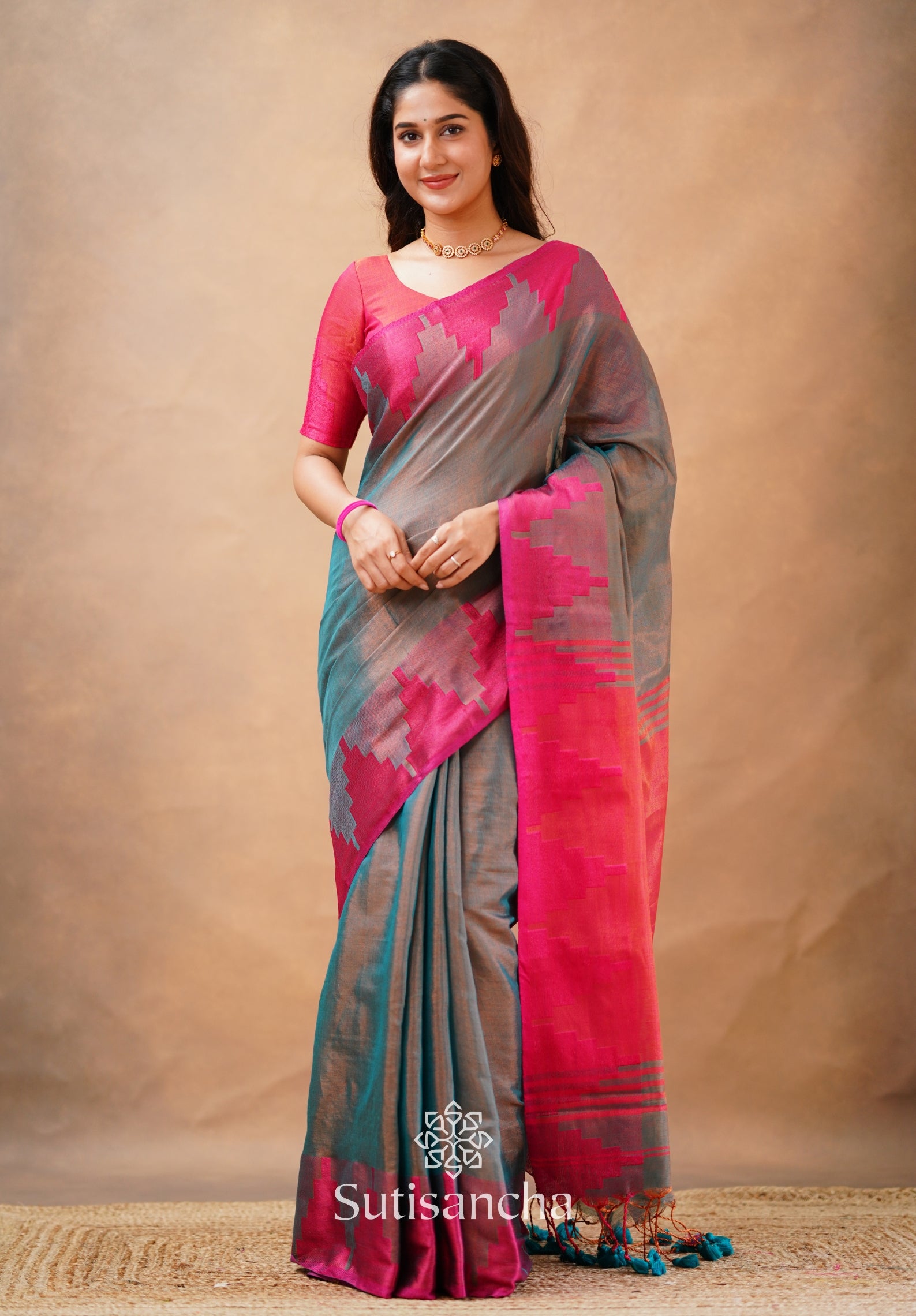 Tissue Cotton Handloom Saree with Artisanal Stepped Border