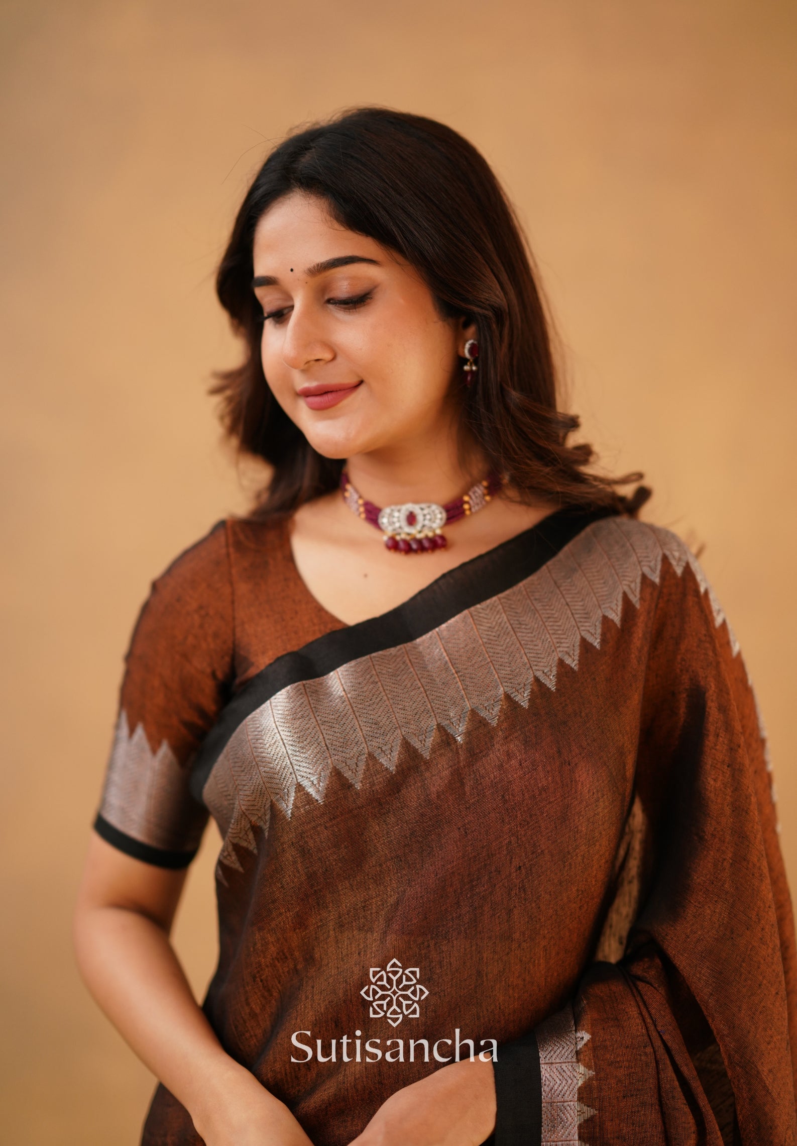 Sutisancha Copper Handloom Designer Tissue Saree