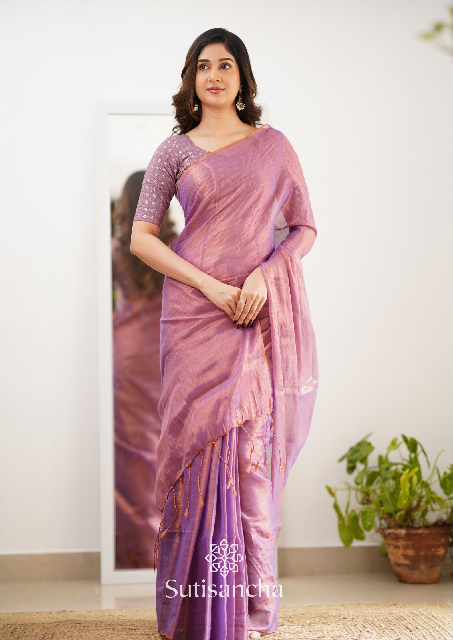 Sutisancha Blush Pink Handloom Tissue Saree With Designer Blouse