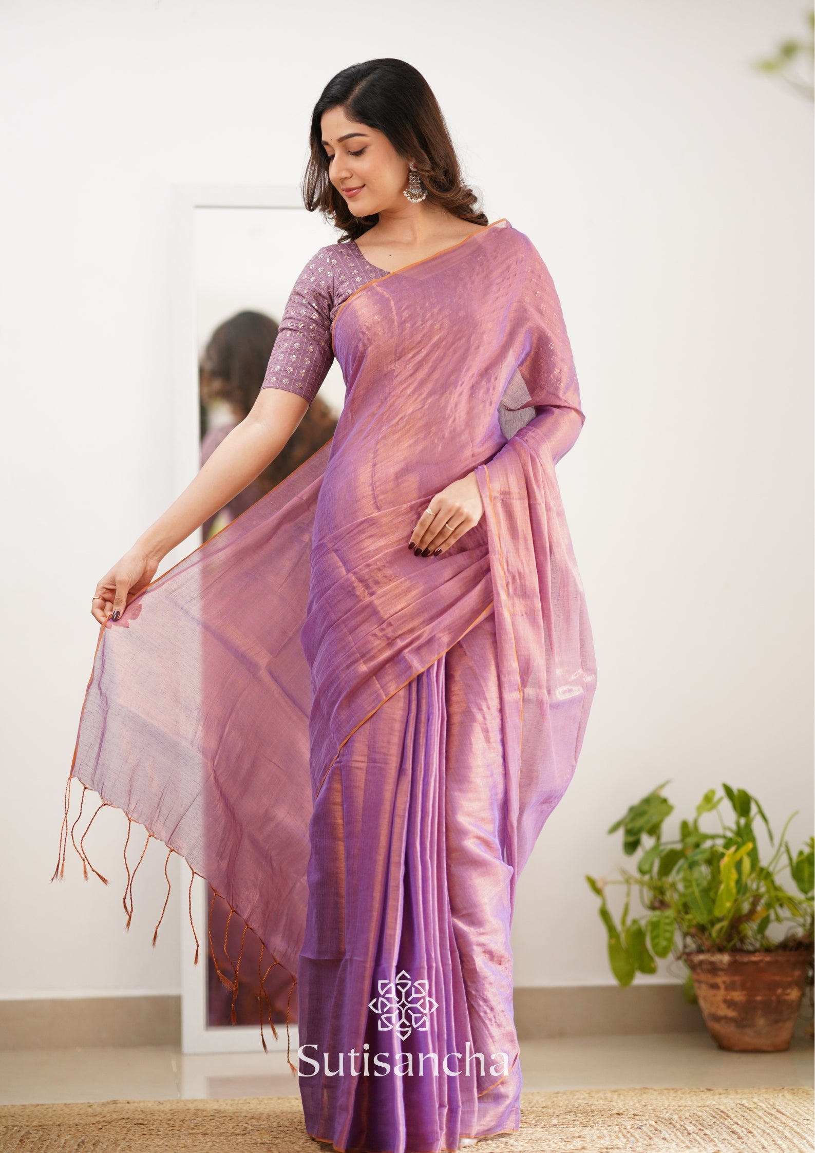 Sutisancha Blush Pink Handloom Tissue Saree With Designer Blouse