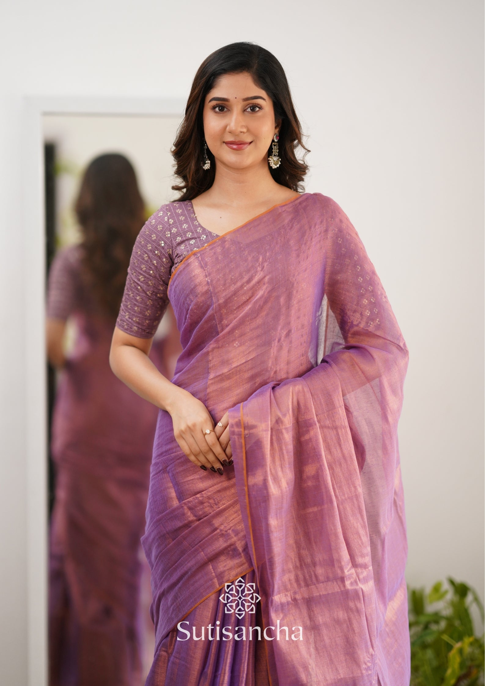 Sutisancha Blush Pink Handloom Tissue Saree With Designer Blouse