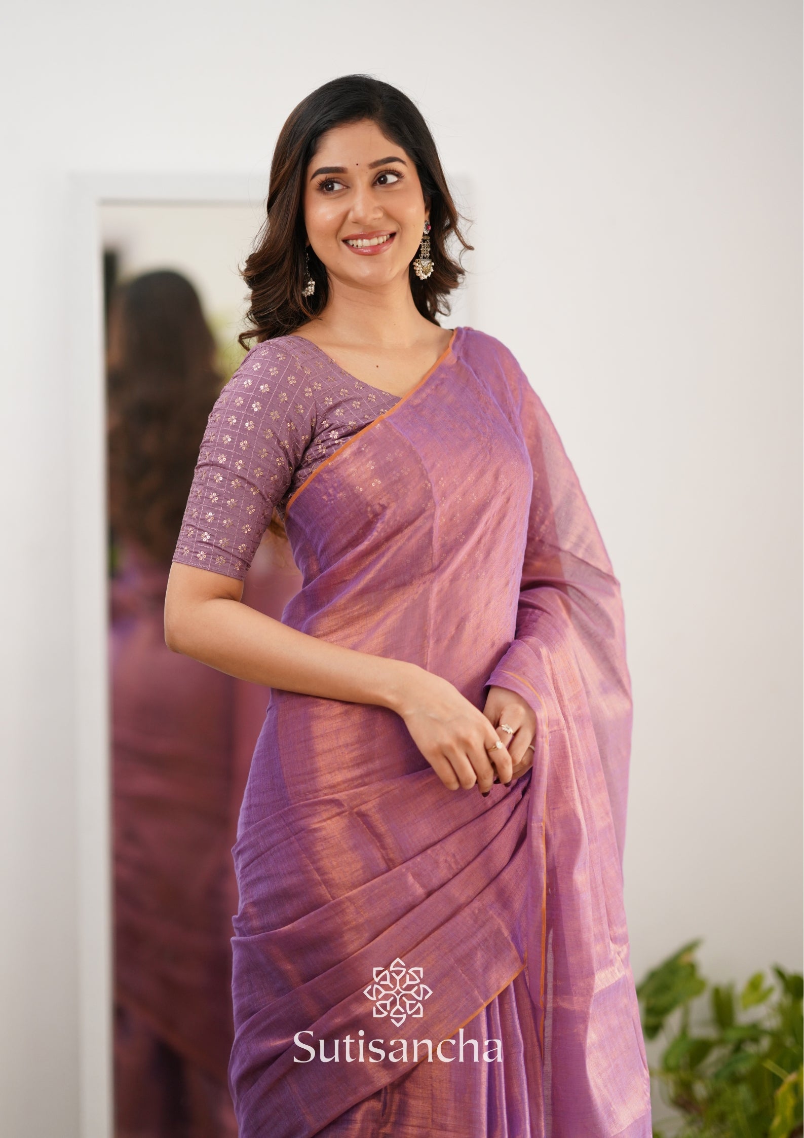 Sutisancha Blush Pink Handloom Tissue Saree With Designer Blouse