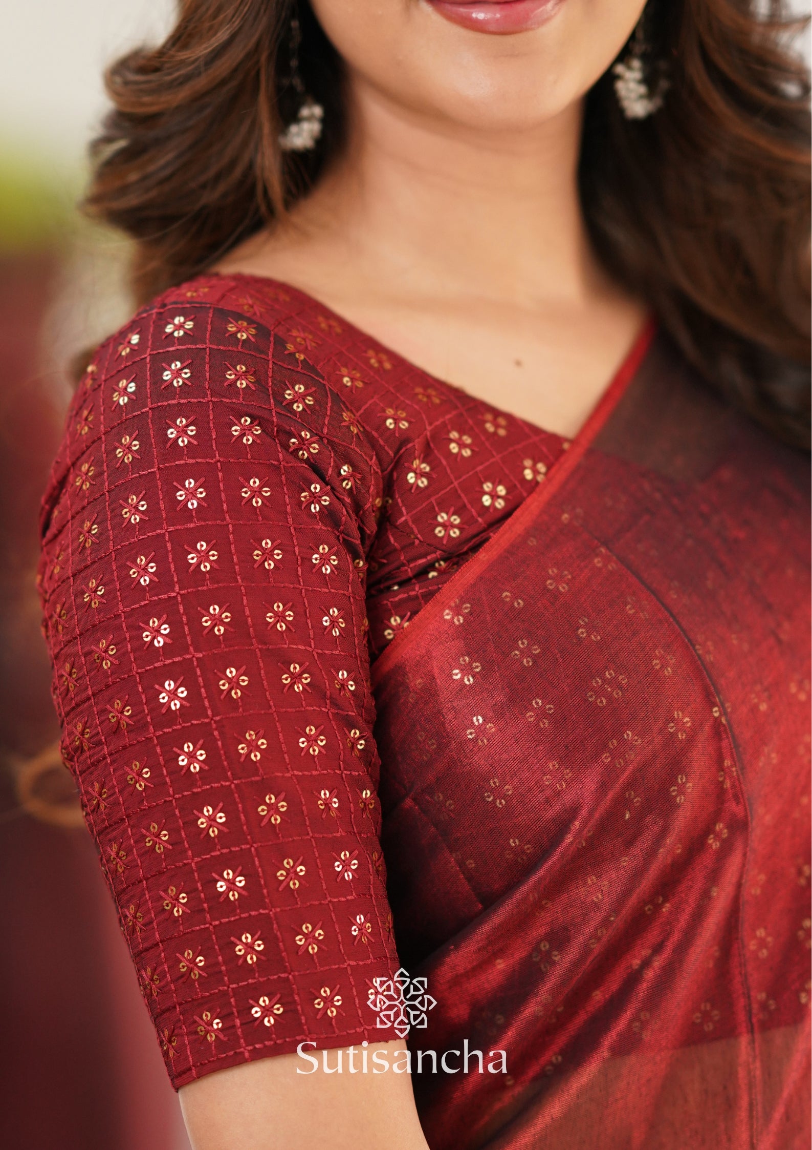 Sutisancha Maroon Handloom Tissue Saree With Designer Blouse