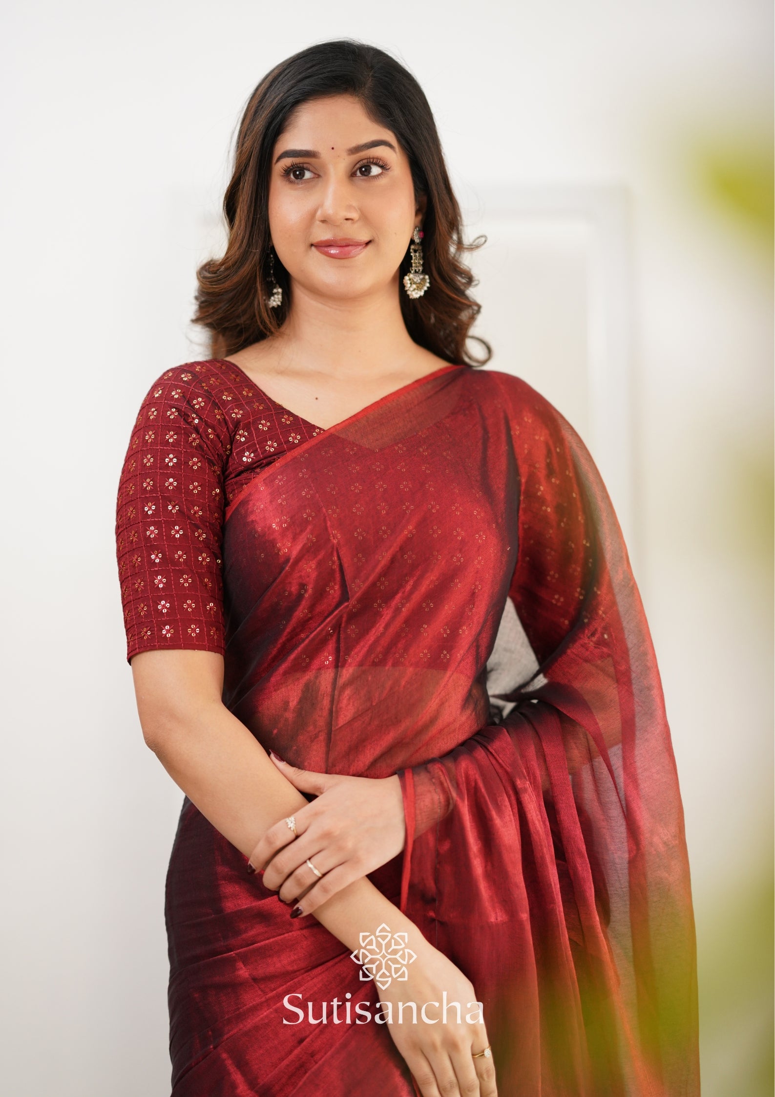 Sutisancha Maroon Handloom Tissue Saree With Designer Blouse