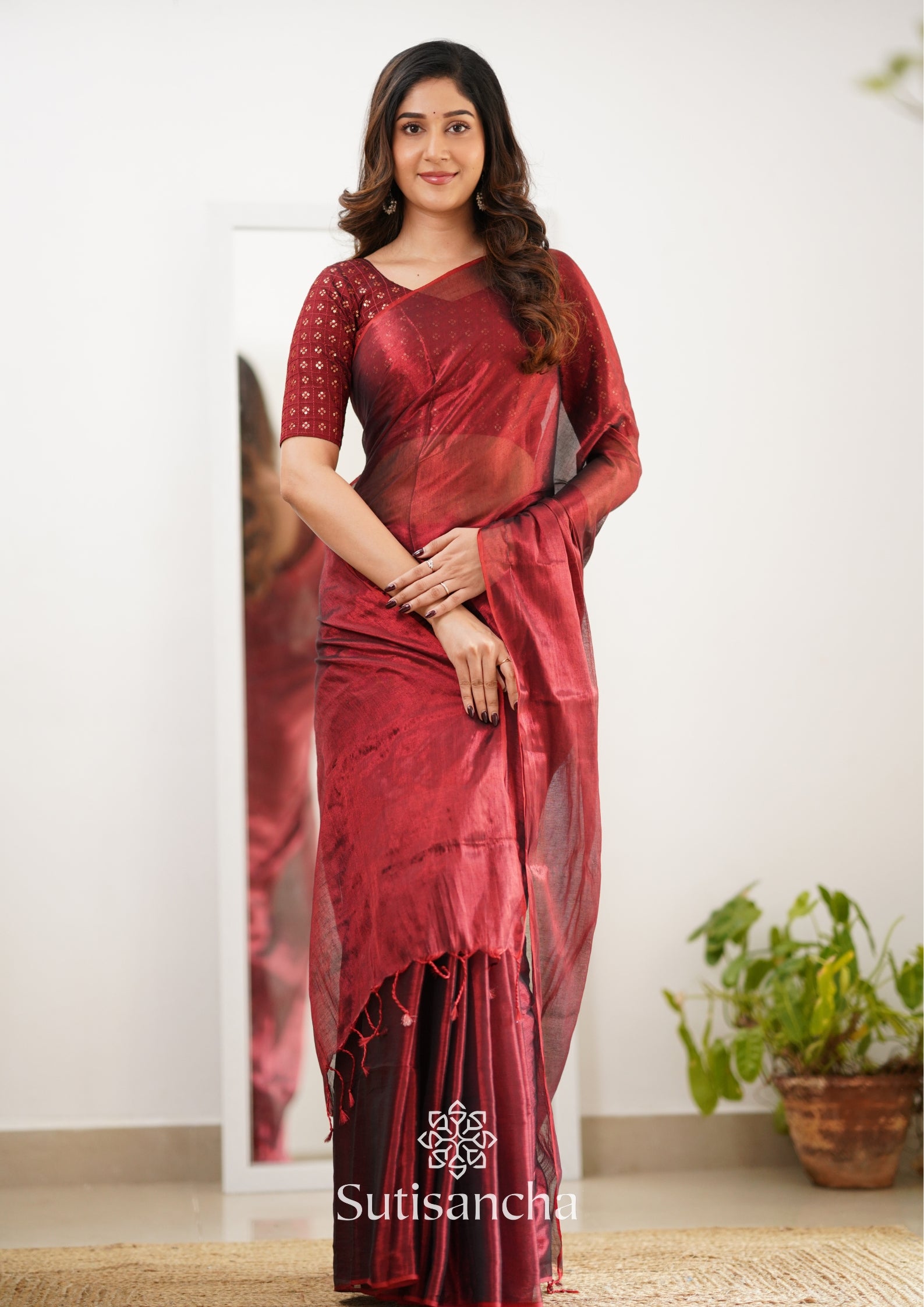 Sutisancha Maroon Handloom Tissue Saree With Designer Blouse