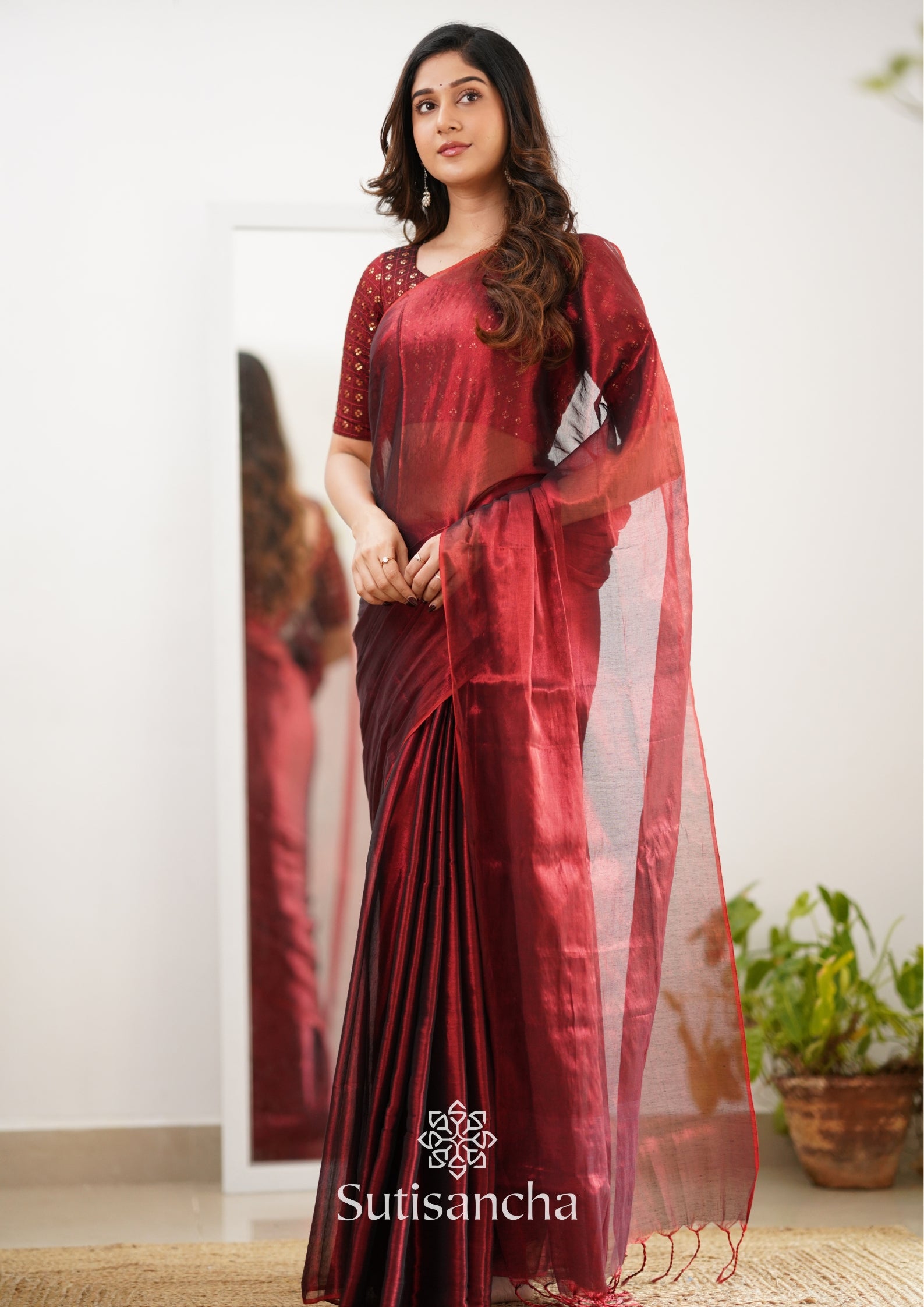 Sutisancha Maroon Handloom Tissue Saree With Designer Blouse