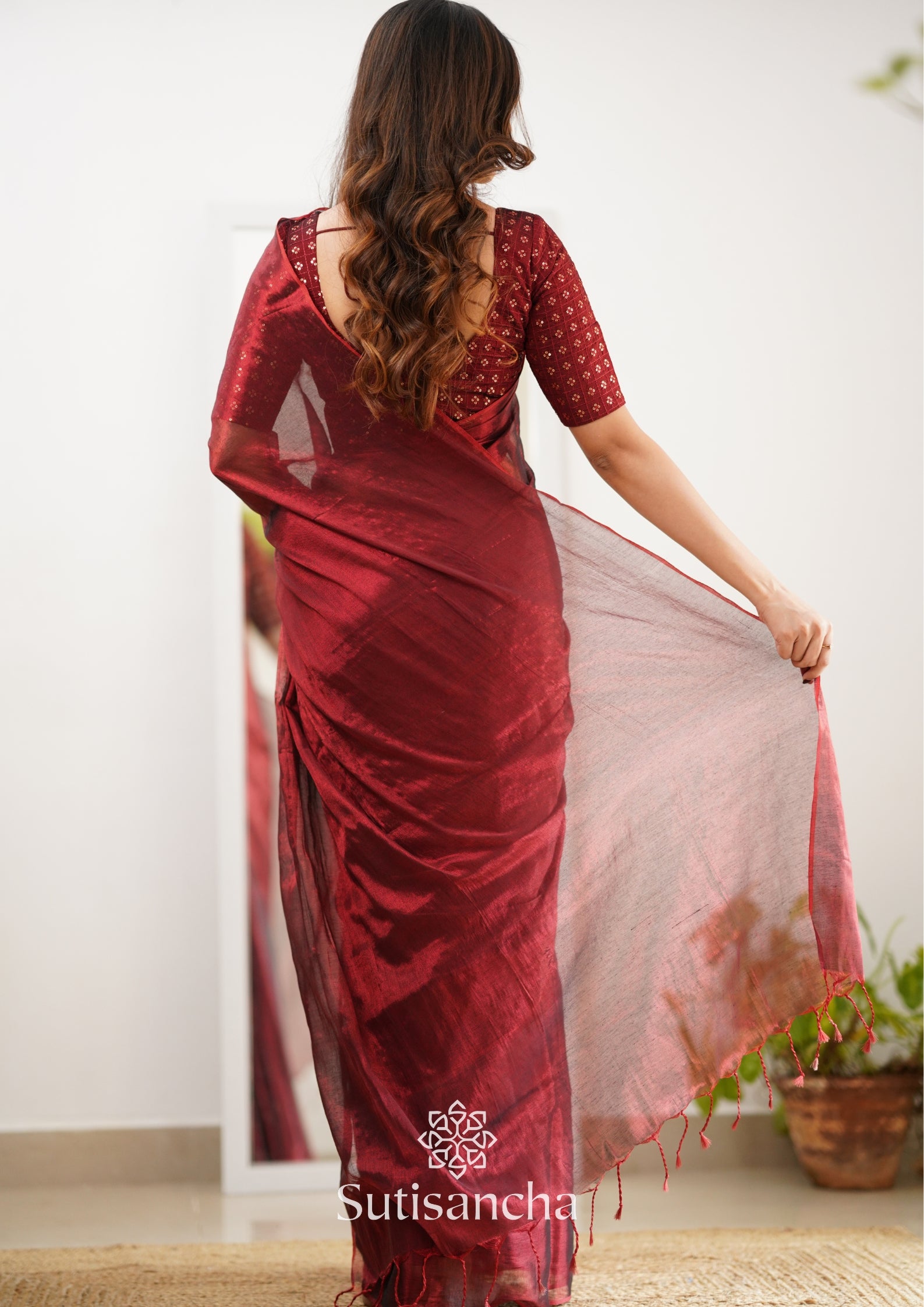 Sutisancha Maroon Handloom Tissue Saree With Designer Blouse