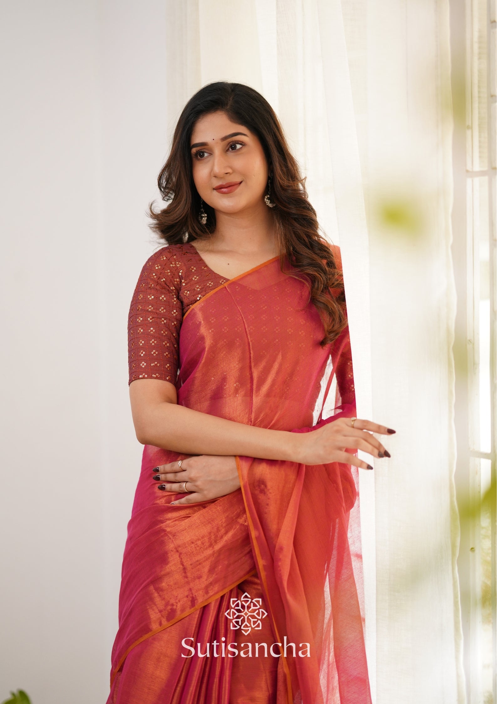 Sutisancha Peach Handloom Tissue Saree With Designer Blouse