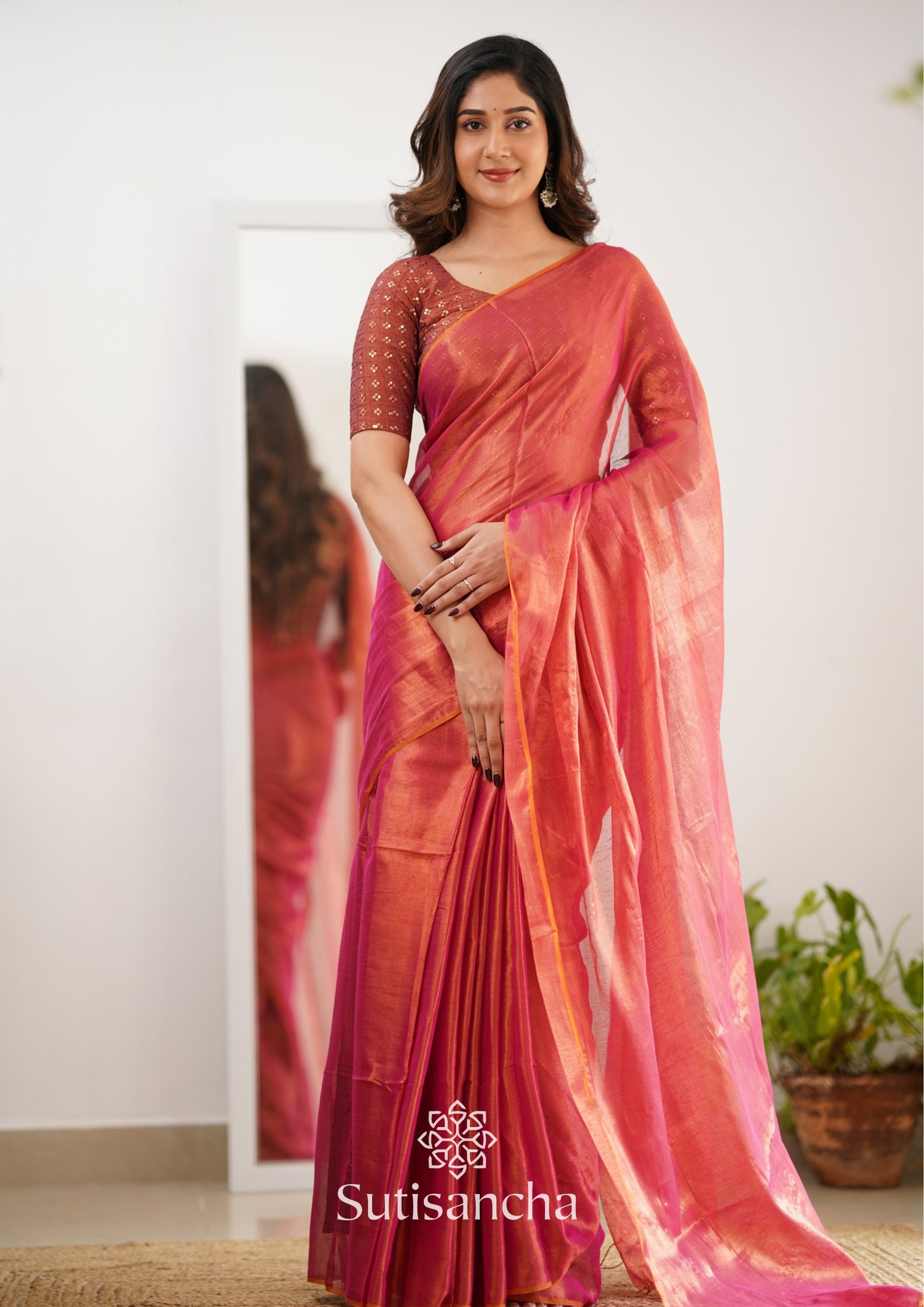 Sutisancha Peach Handloom Tissue Saree With Designer Blouse