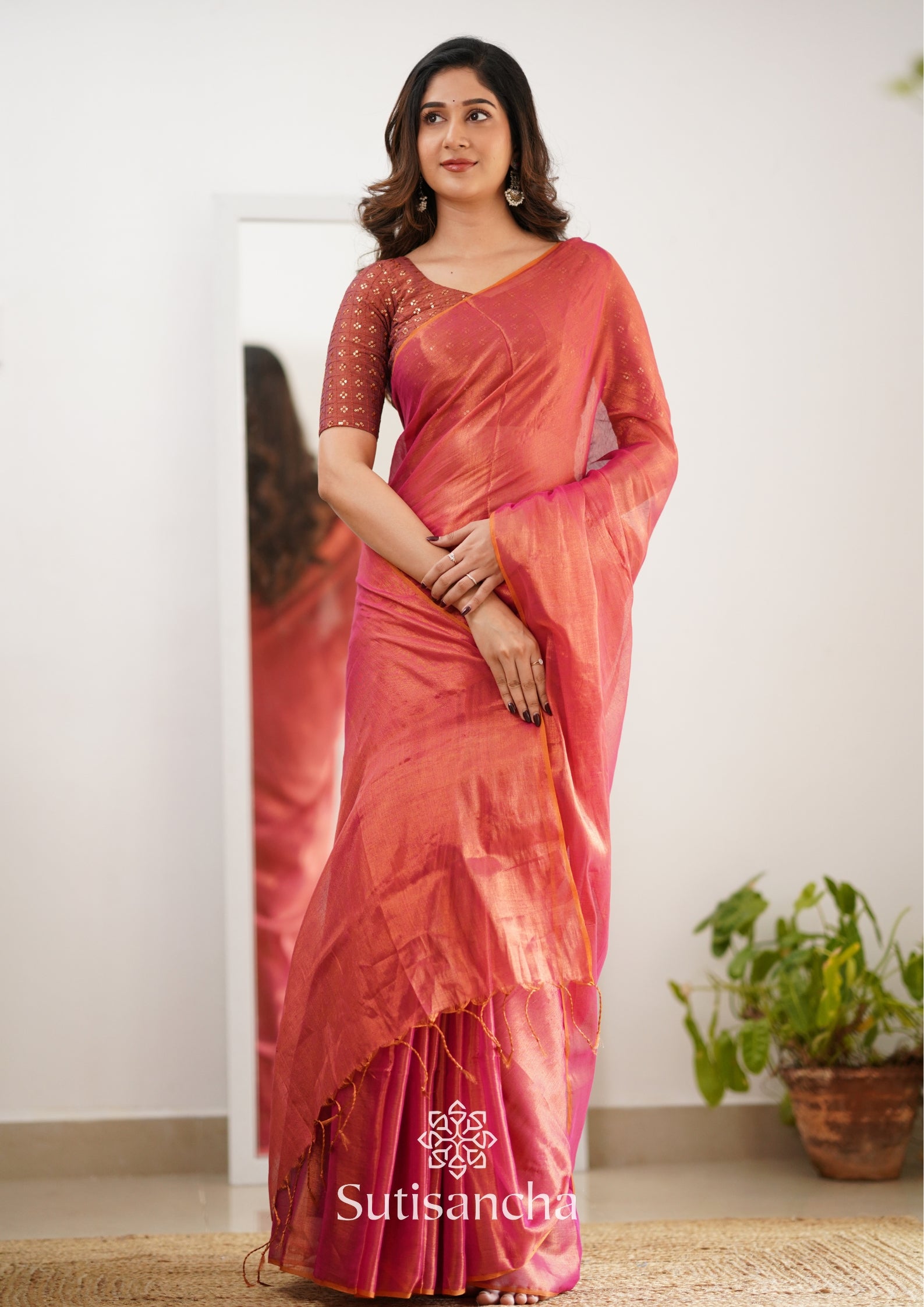 Sutisancha Peach Handloom Tissue Saree With Designer Blouse