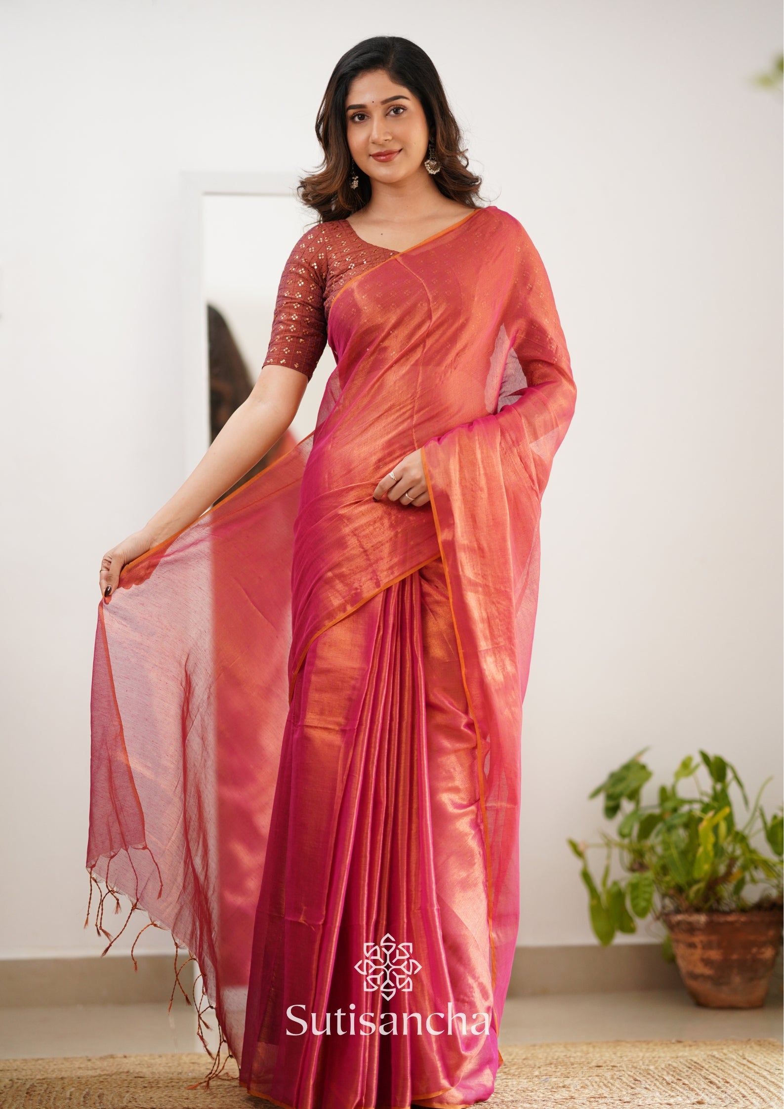 Sutisancha Peach Handloom Tissue Saree With Designer Blouse