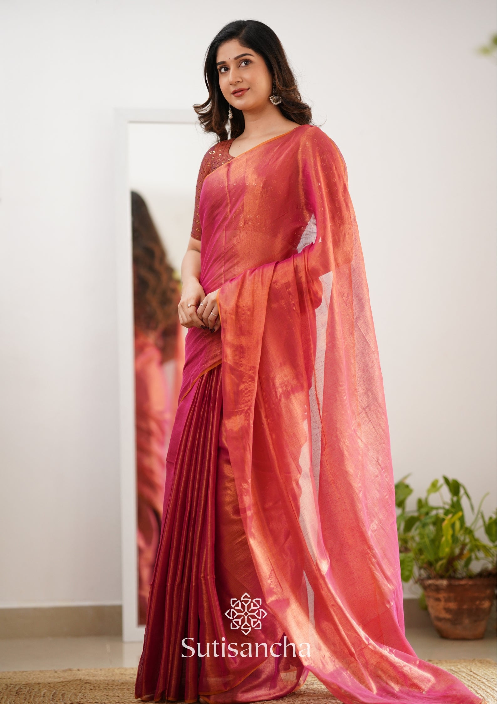 Sutisancha Peach Handloom Tissue Saree With Designer Blouse